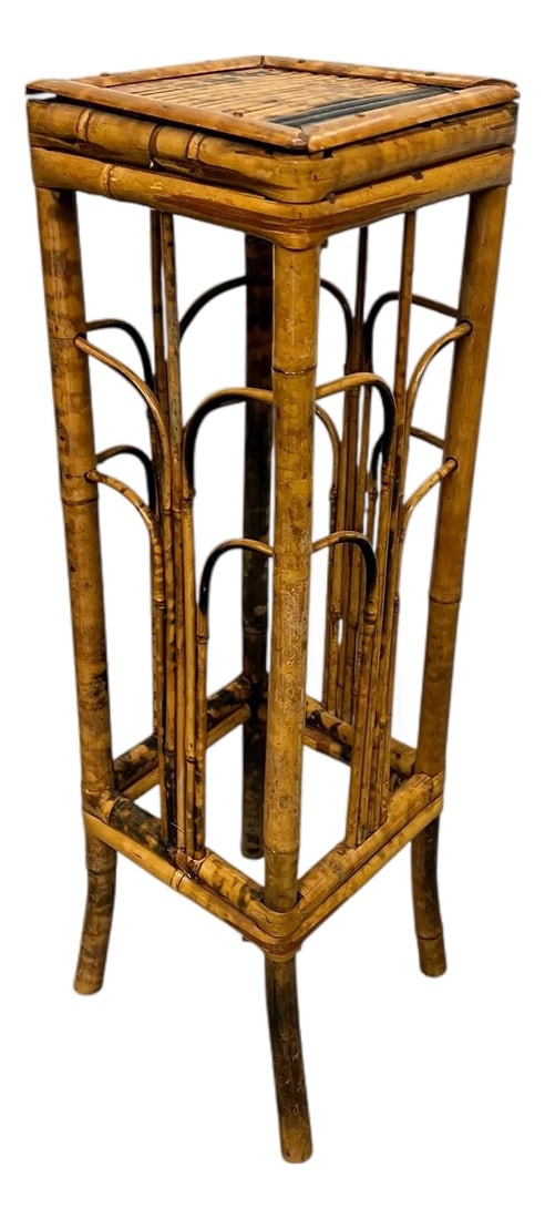 Vintage Scorched Bamboo Drink Side Table, Plant Stand or Pedestal in the Brighton Pavilion Style: Vintage scorched bamboo drink side table, plant stand or pedestal in the Brighton pavilion style. Handcrafted with each piece being pegged on. Measures 7.5" square x 26" h Condition: Alterations: