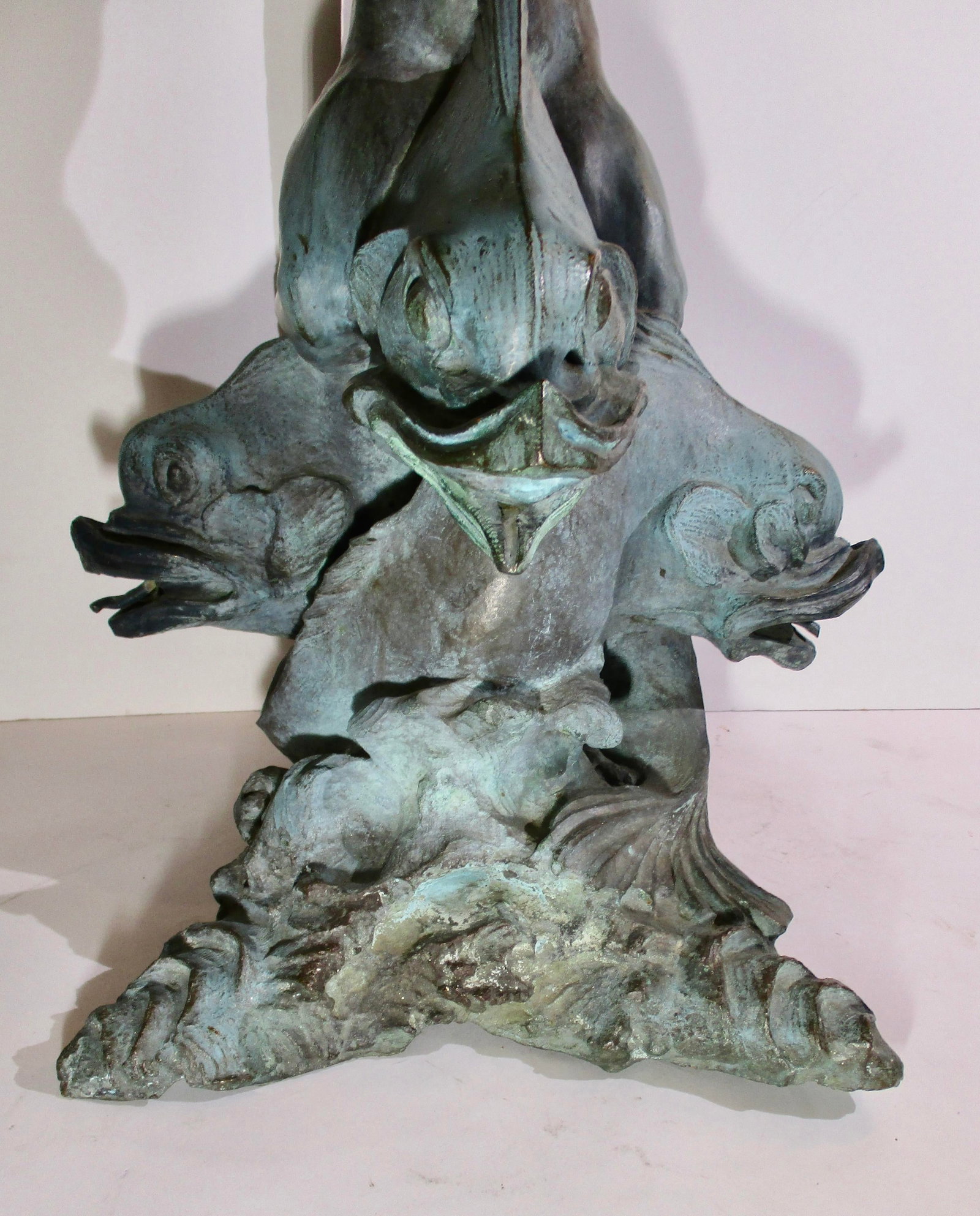 1940s Vintage Alexander Portnoff Cherub on Dolphin Bronze Fountain - 7