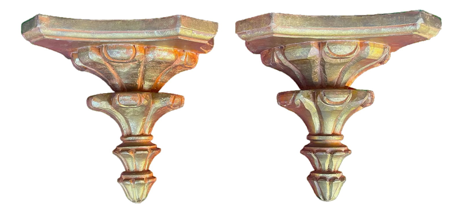 Pair of Vintage Hand-Carved Giltwood Wall Brackets / Shelves – Italian Florentine Style, 9": A striking pair of hand-carved giltwood wall brackets with bold architectural presence and sculptural detailing. These pieces channel classic Italian Florentine craftsmanship, with layered, faceted ca