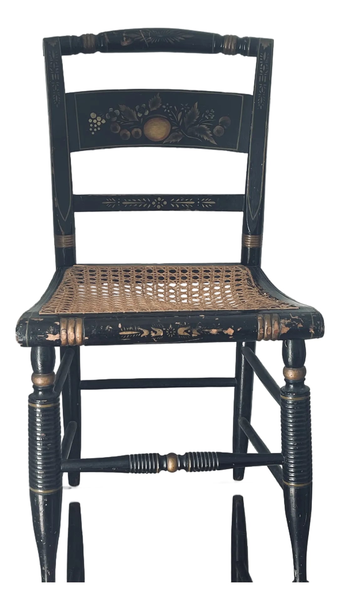 Antique American Painted Side Chair With Cane and Silk Cushion: Great 19 th c American Antique Handpainted side chair with cane and silk brocade tufted seat cushion. Distressed finish and old repairs, but structurally strong and beautiful. Condition: Alterations: