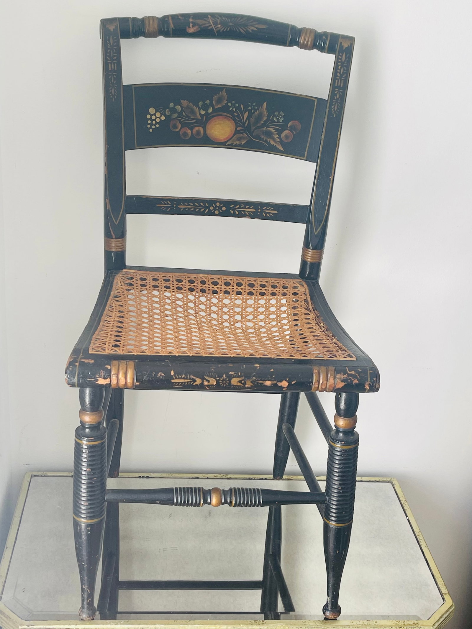 Antique American Painted Side Chair With Cane and Silk Cushion - 2