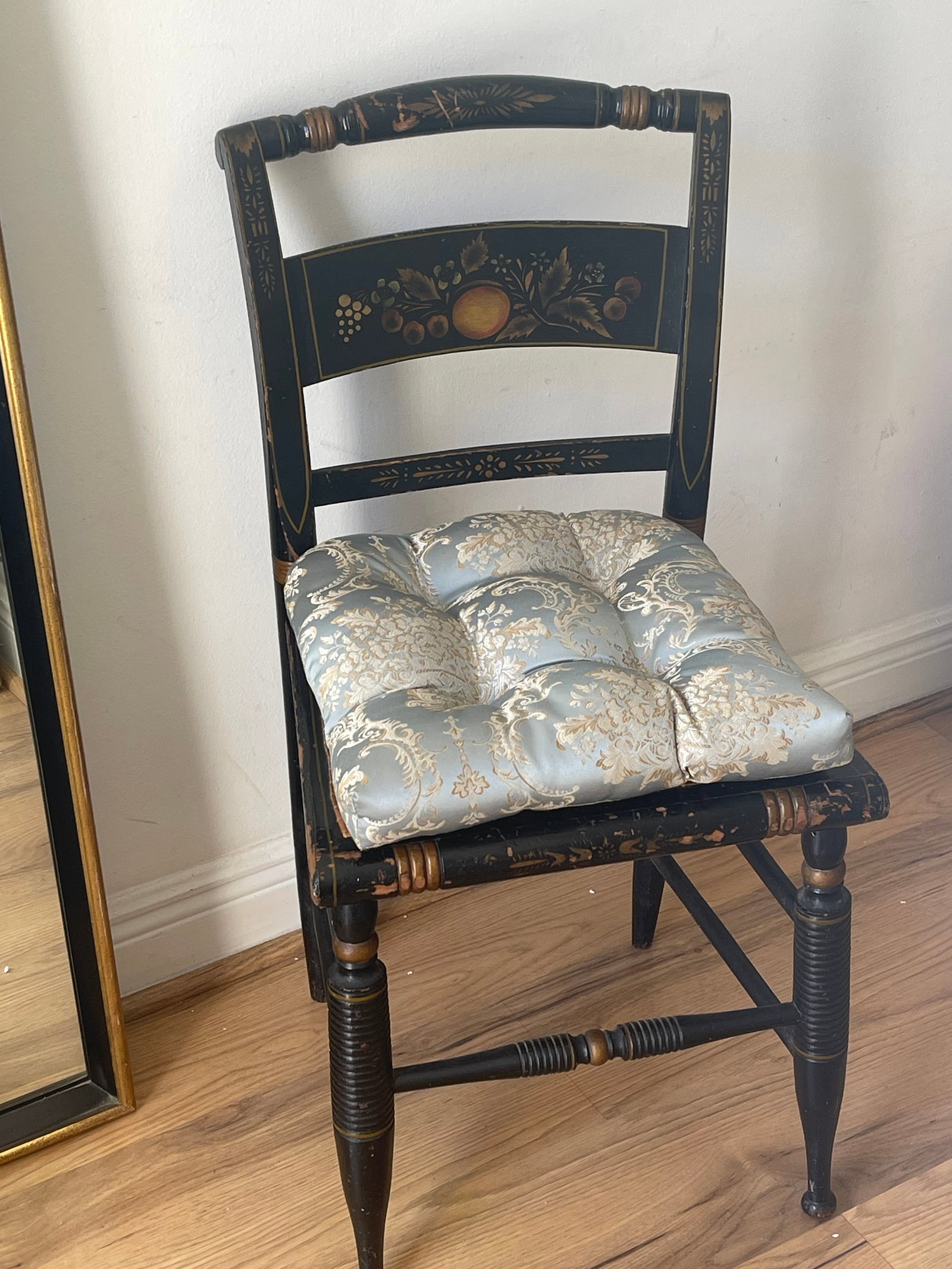 Antique American Painted Side Chair With Cane and Silk Cushion - 5