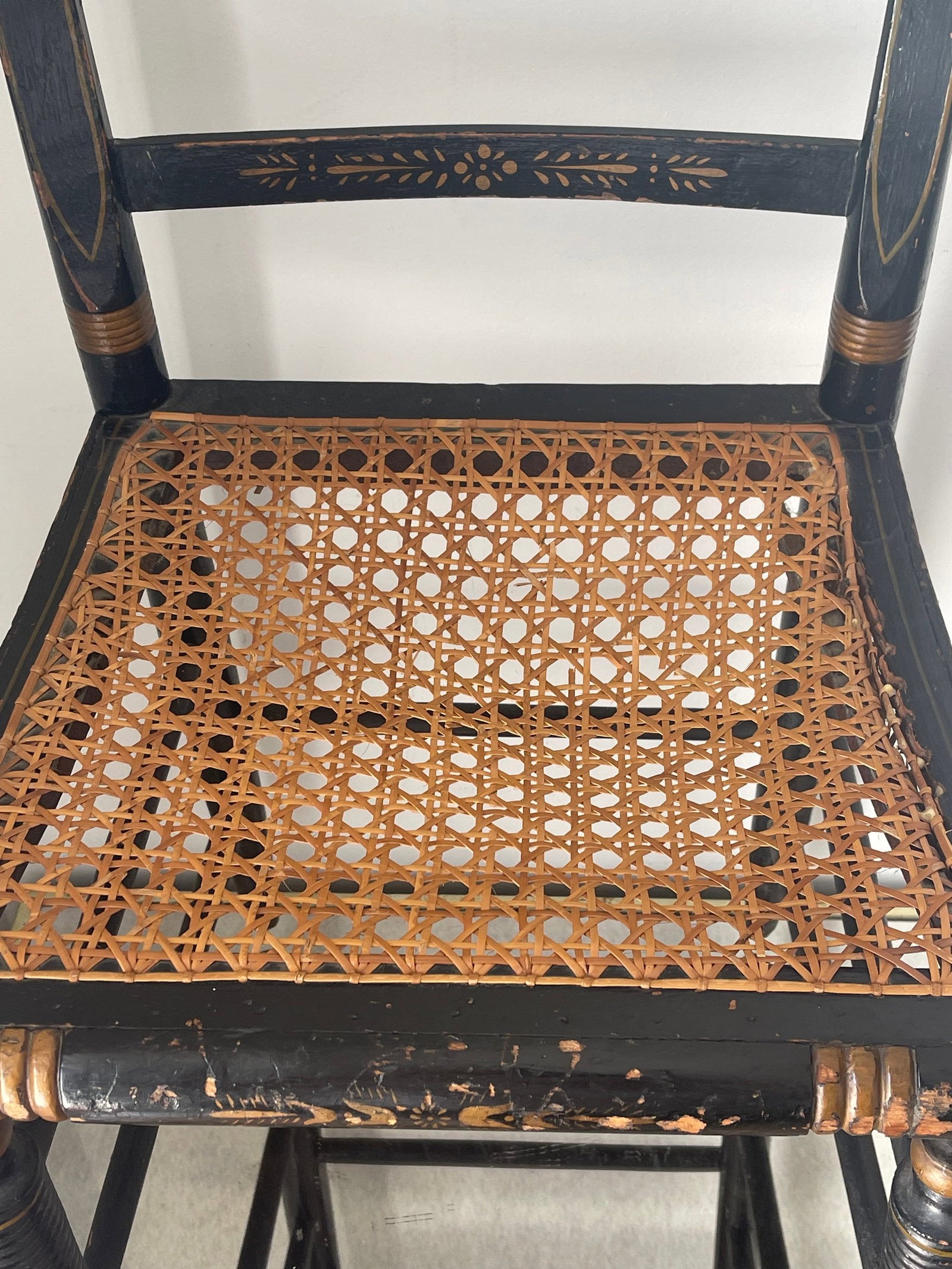 Antique American Painted Side Chair With Cane and Silk Cushion - 6