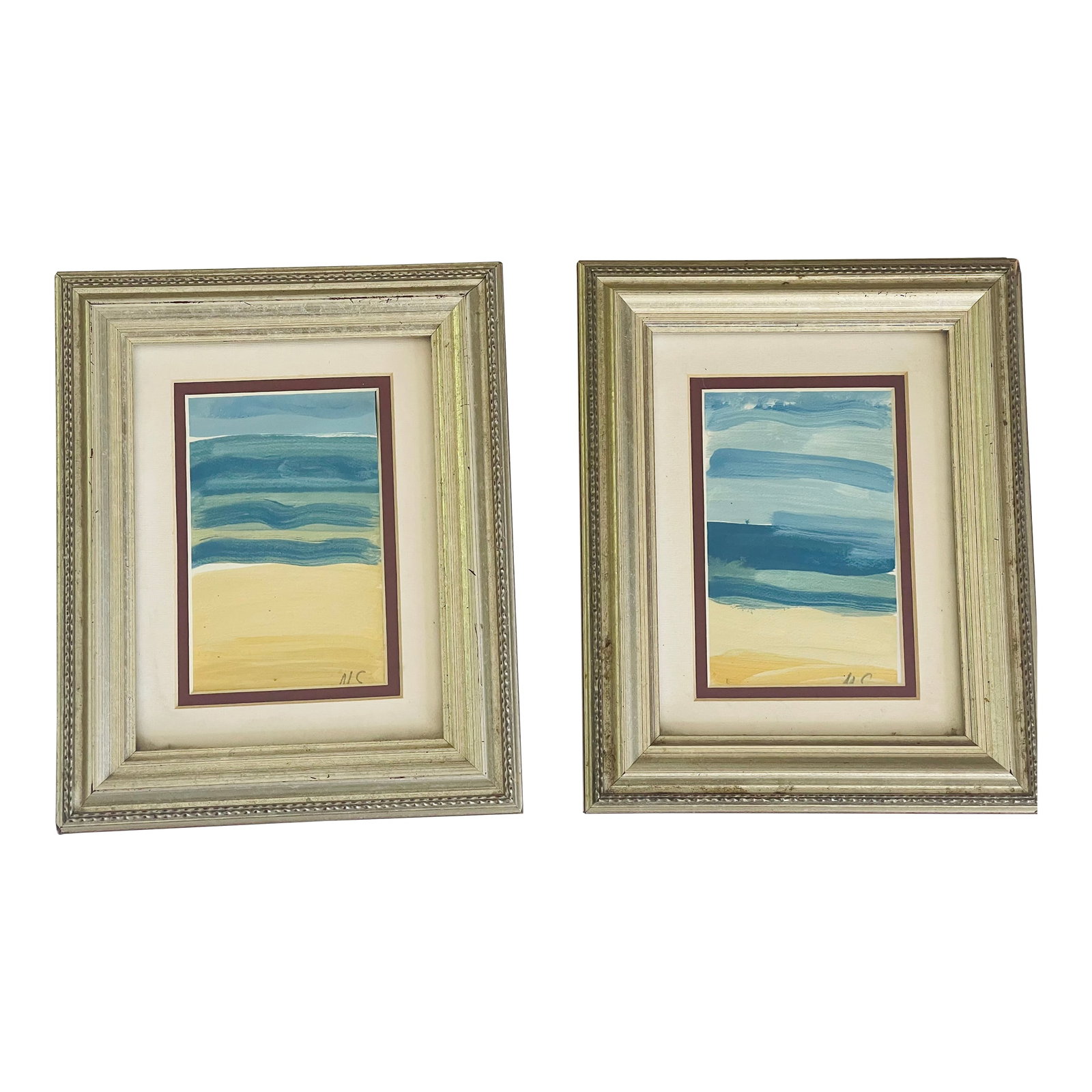 Original Art Abstract Mini Paintings Sunny Isles Seascapes Framed - Set of 2: Pair of original art acrylic on paper Sunny Isles seascapes mini paintings in silvertone frames.. Condition: Alterations: Original Condition Unaltered Imperfections: Some Imperfections Condition