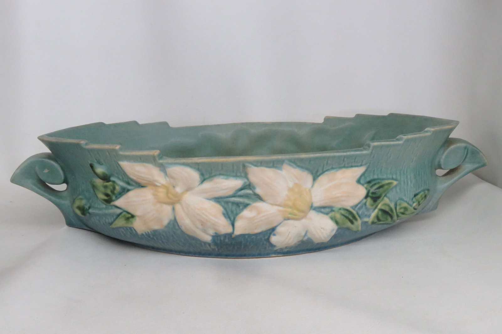 Mid 20th Century Roseville Pottery 461 14 Blue Ceil Clematis Oval Center Bowl 4689b - 17