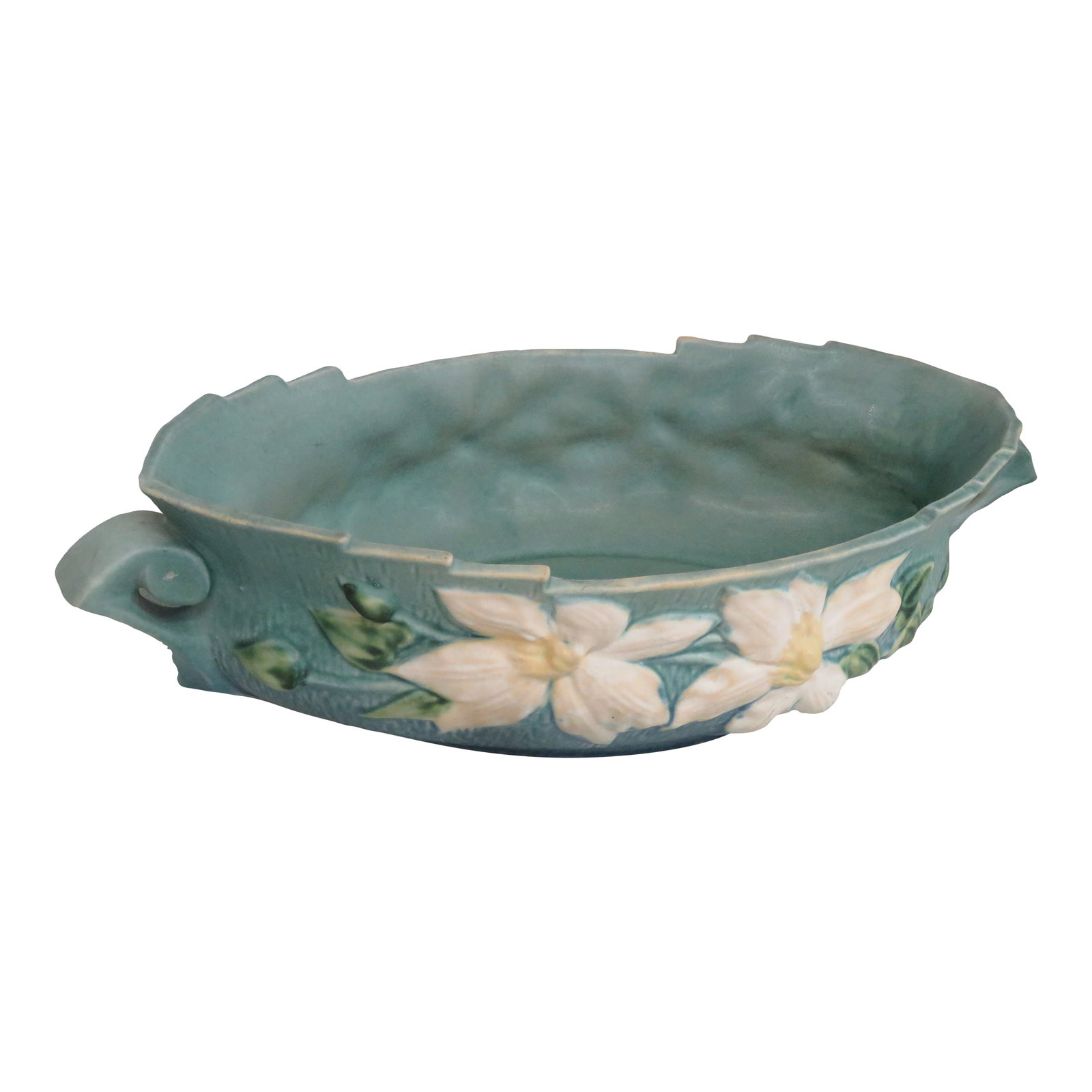 Mid 20th Century Roseville Pottery 461 14 Blue Ceil Clematis Oval Center Bowl 4689b: This gorgeous console bowl is made out of ceramic, and it is in good condition. This lovely bowl was made by Roseville, a fine maker of pottery, and is stamped as such on the bottom; the full stamp