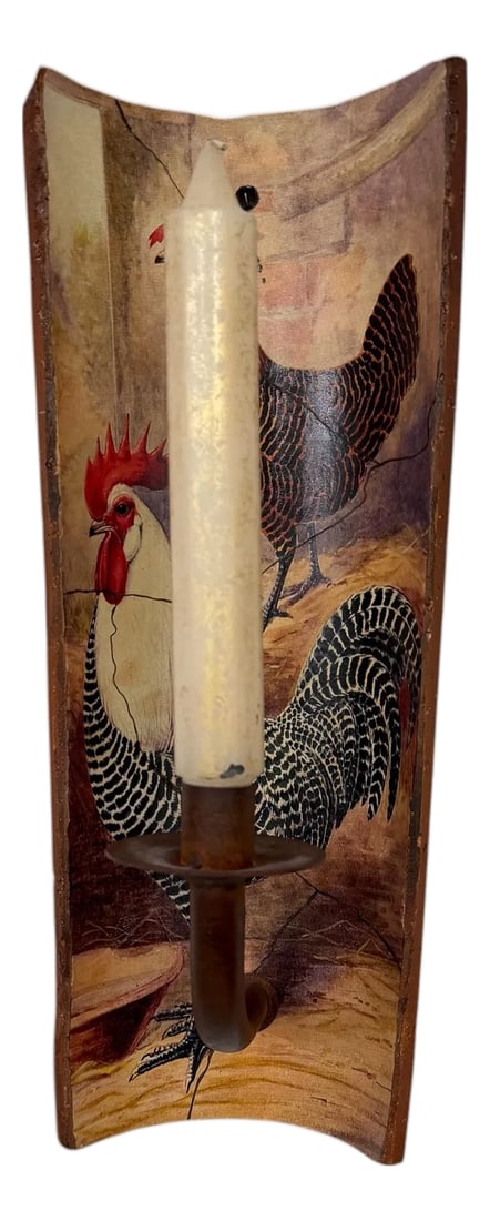 Hand Painted Chicken & Rooster French Country Terra Cotta and Iron Wall Candleholder Sconce: This item is a vintage-style decorative wall sconce candle holder featuring rooster artwork painted on a curved, terracotta tile surface. Design: A hand-painted rustic scene of two roosters on a curve