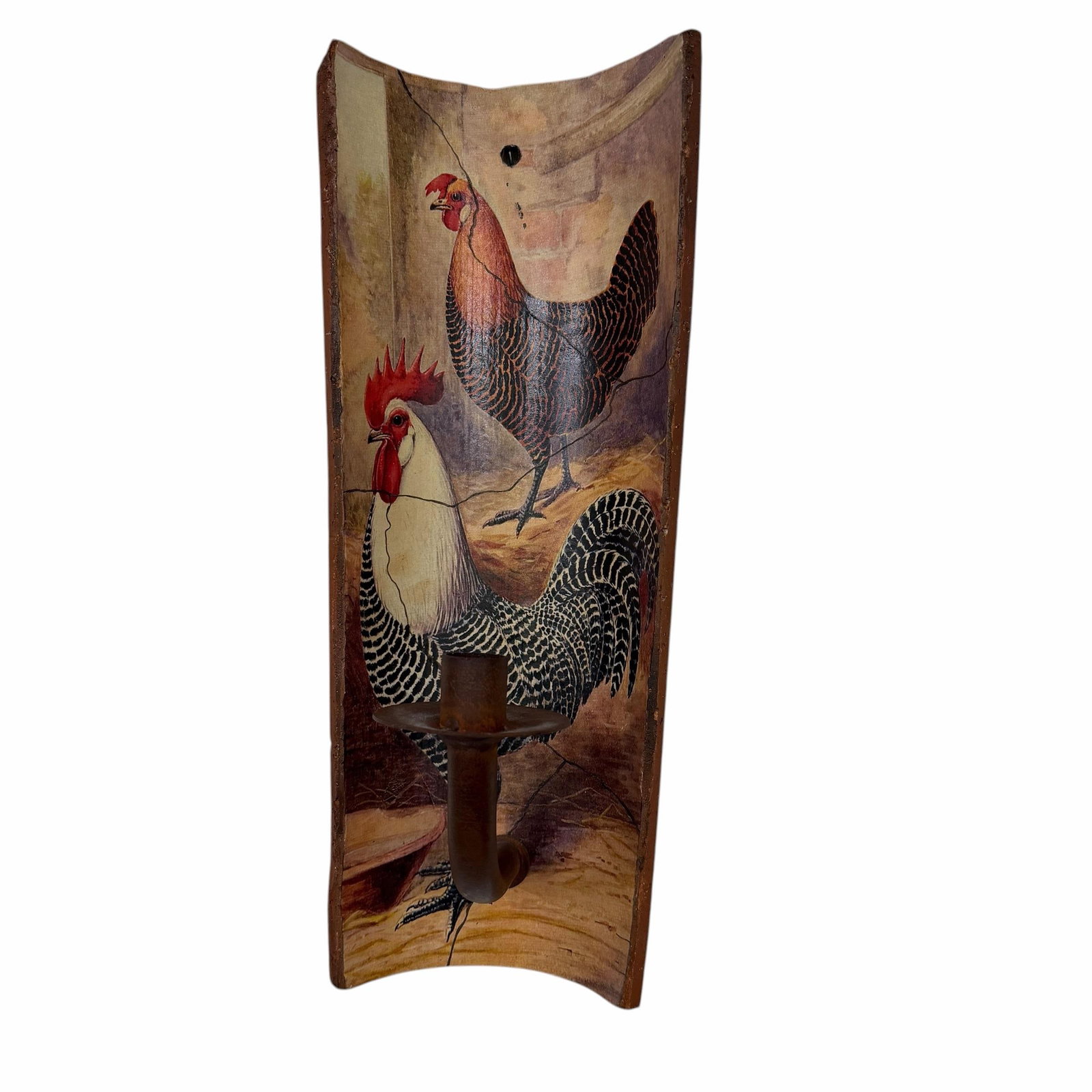 Hand Painted Chicken & Rooster French Country Terra Cotta and Iron Wall Candleholder Sconce - 2