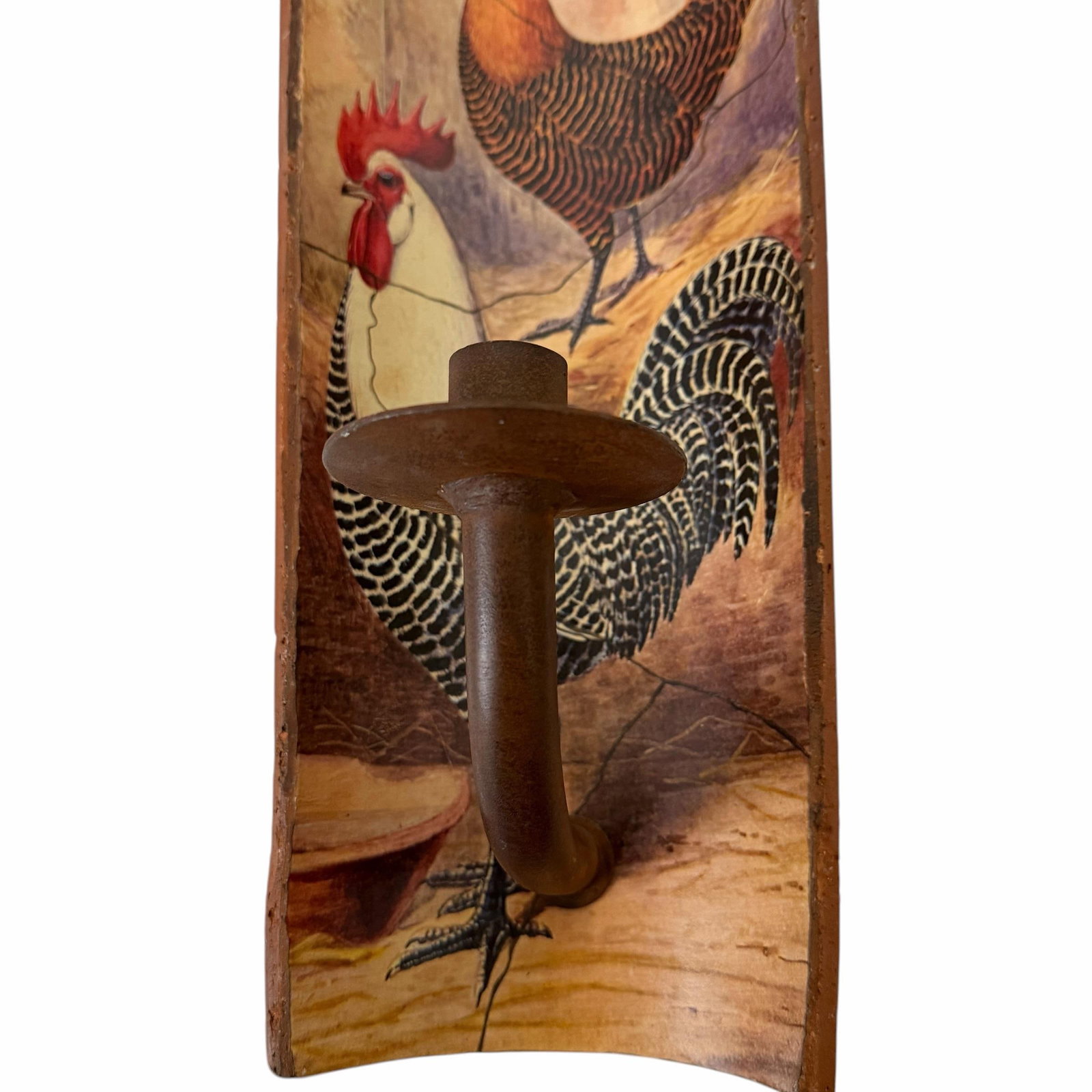 Hand Painted Chicken & Rooster French Country Terra Cotta and Iron Wall Candleholder Sconce - 4