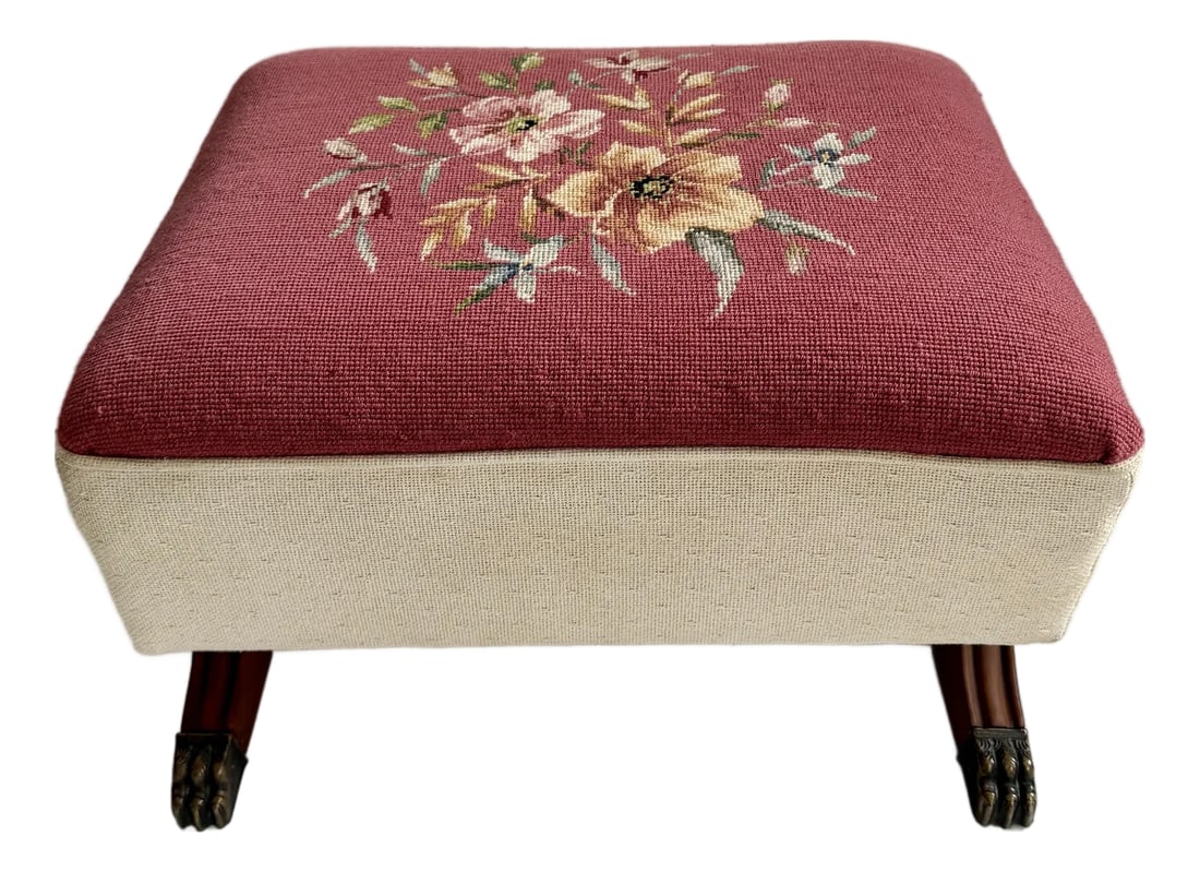 Vintage Large Floral Needlepoint Footstool Ottoman With Wood and Brass Clawfeet: Lovely vintage ottoman in nice condition. Condition: Alterations: Original Condition Unaltered Imperfections: Some Imperfections Condition Notes: In good vintage condition. The white material has