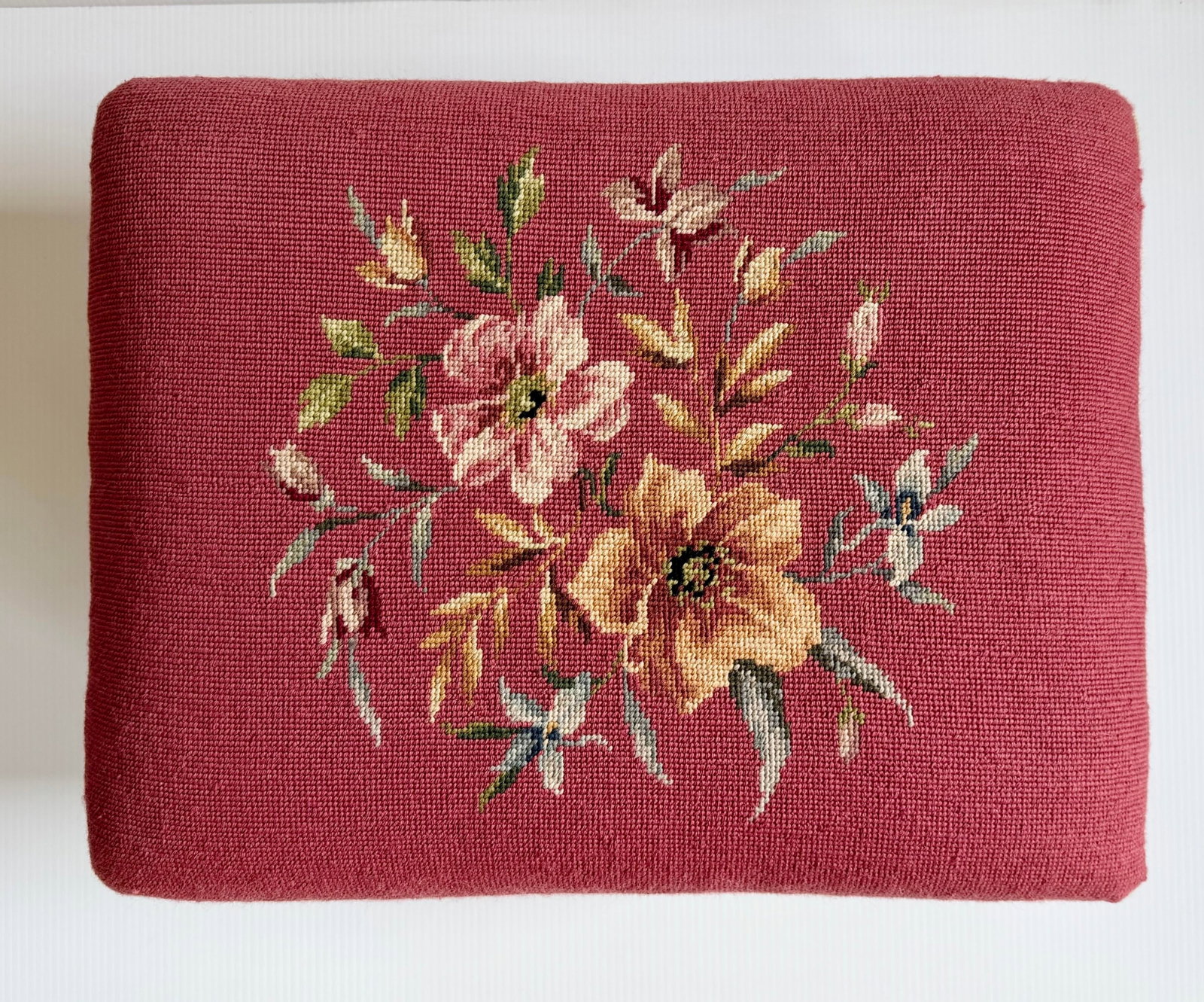 Vintage Large Floral Needlepoint Footstool Ottoman With Wood and Brass Clawfeet - 2