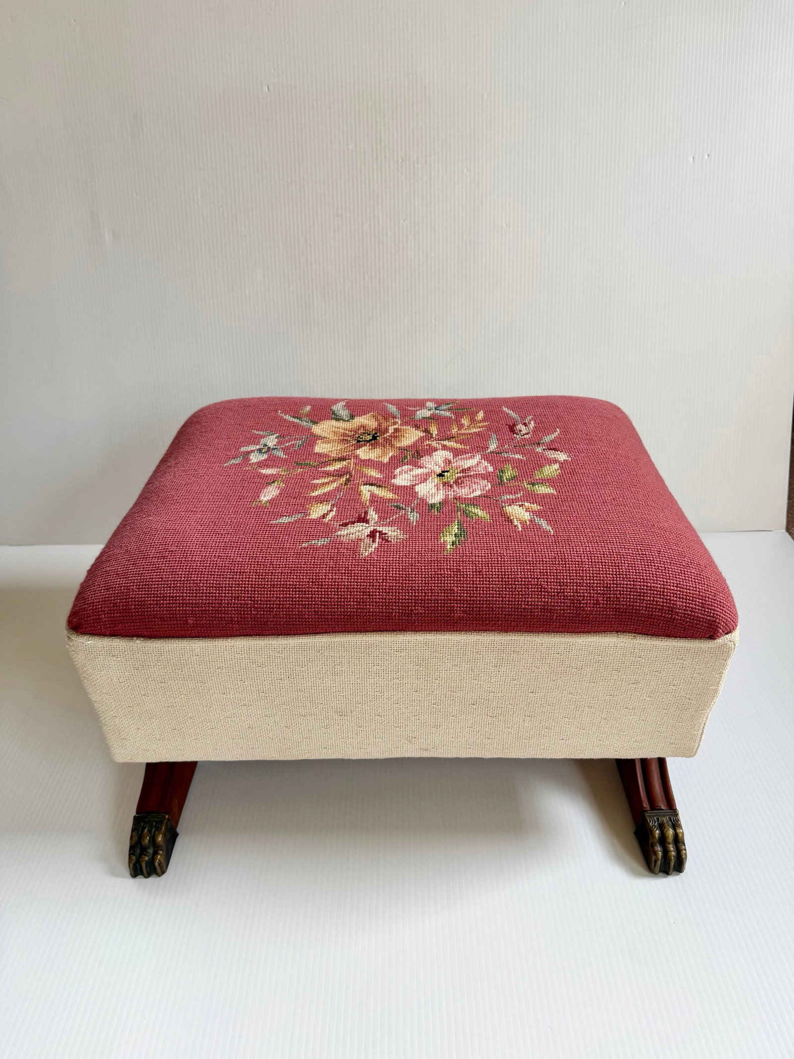 Vintage Large Floral Needlepoint Footstool Ottoman With Wood and Brass Clawfeet - 3