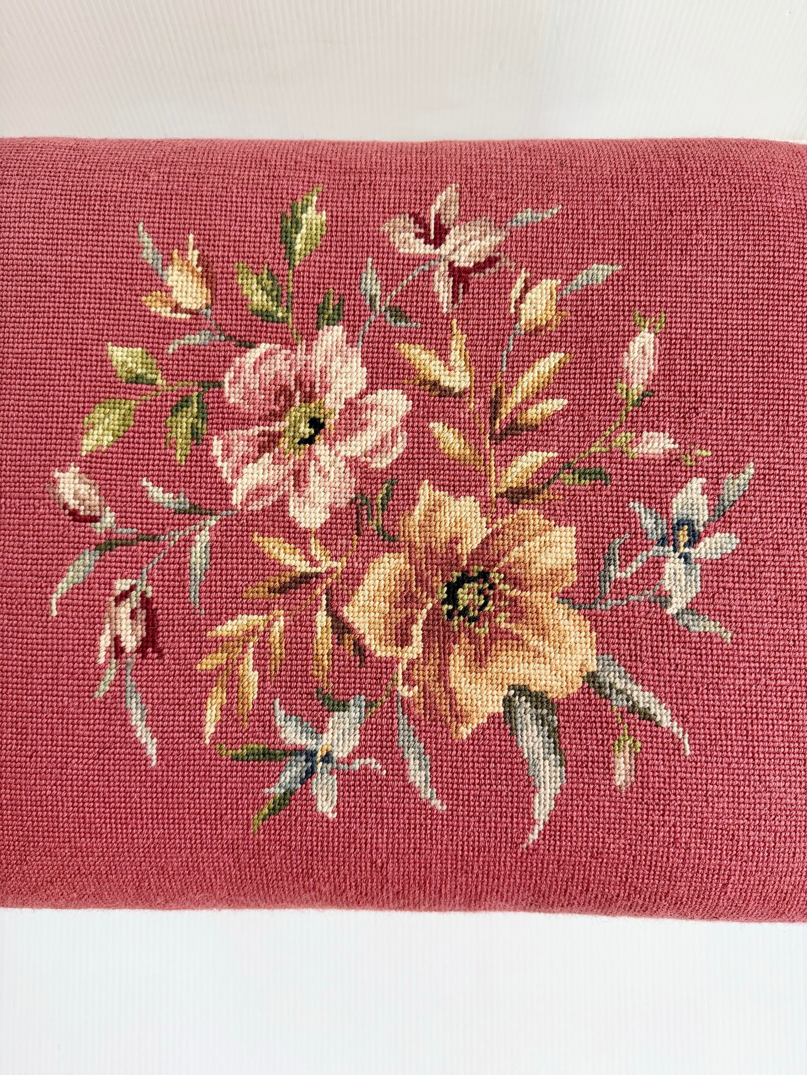 Vintage Large Floral Needlepoint Footstool Ottoman With Wood and Brass Clawfeet - 4