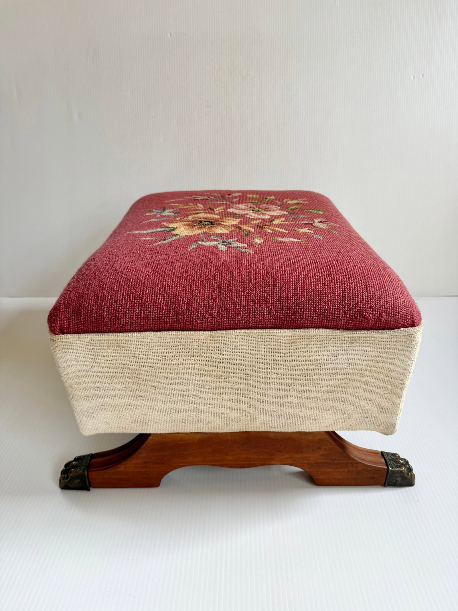 Vintage Large Floral Needlepoint Footstool Ottoman With Wood and Brass Clawfeet - 5