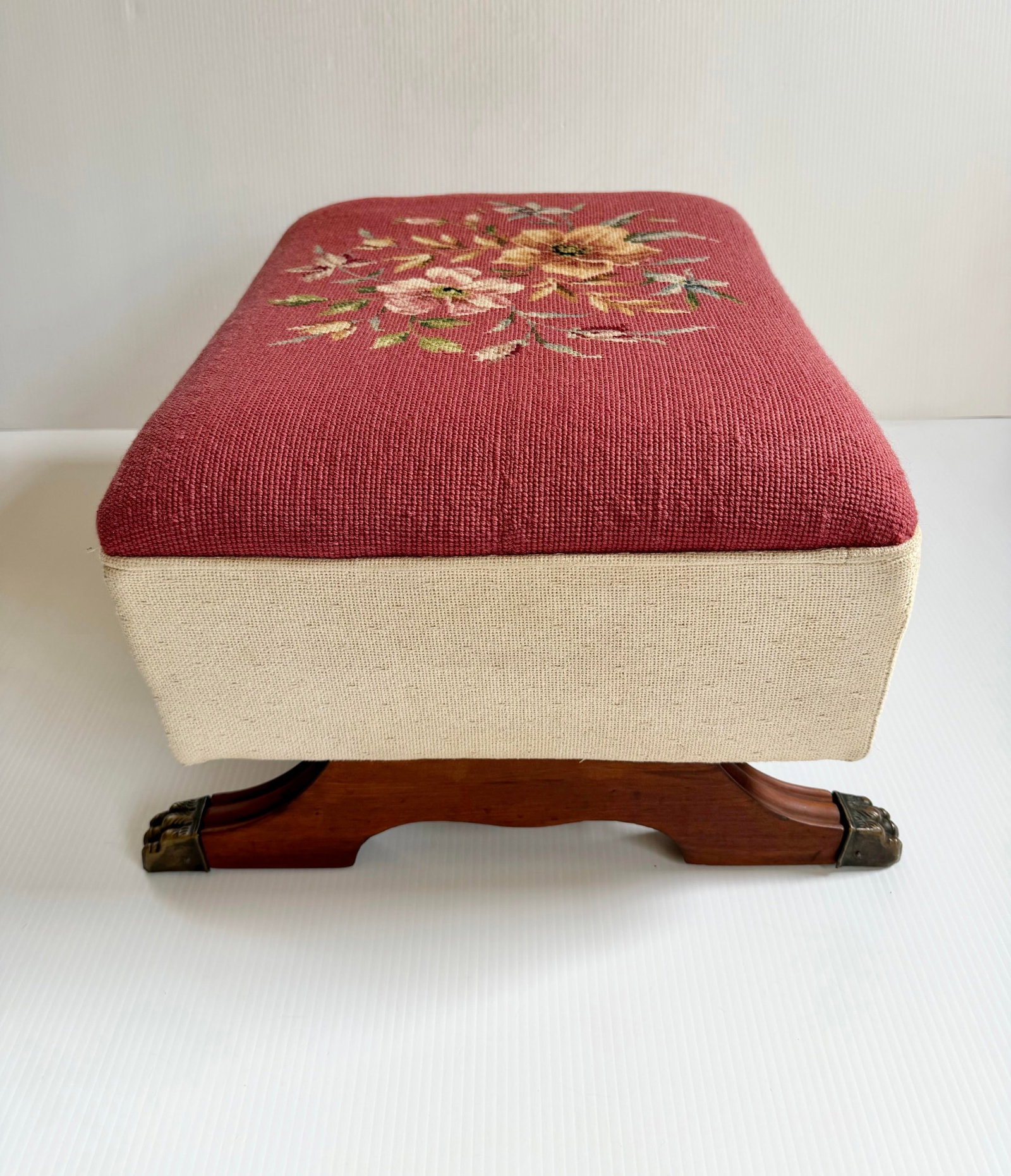 Vintage Large Floral Needlepoint Footstool Ottoman With Wood and Brass Clawfeet - 6