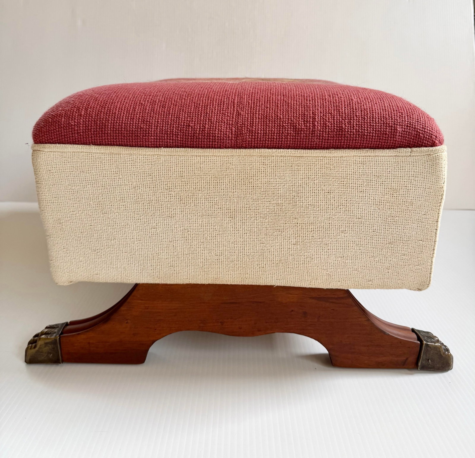 Vintage Large Floral Needlepoint Footstool Ottoman With Wood and Brass Clawfeet - 7