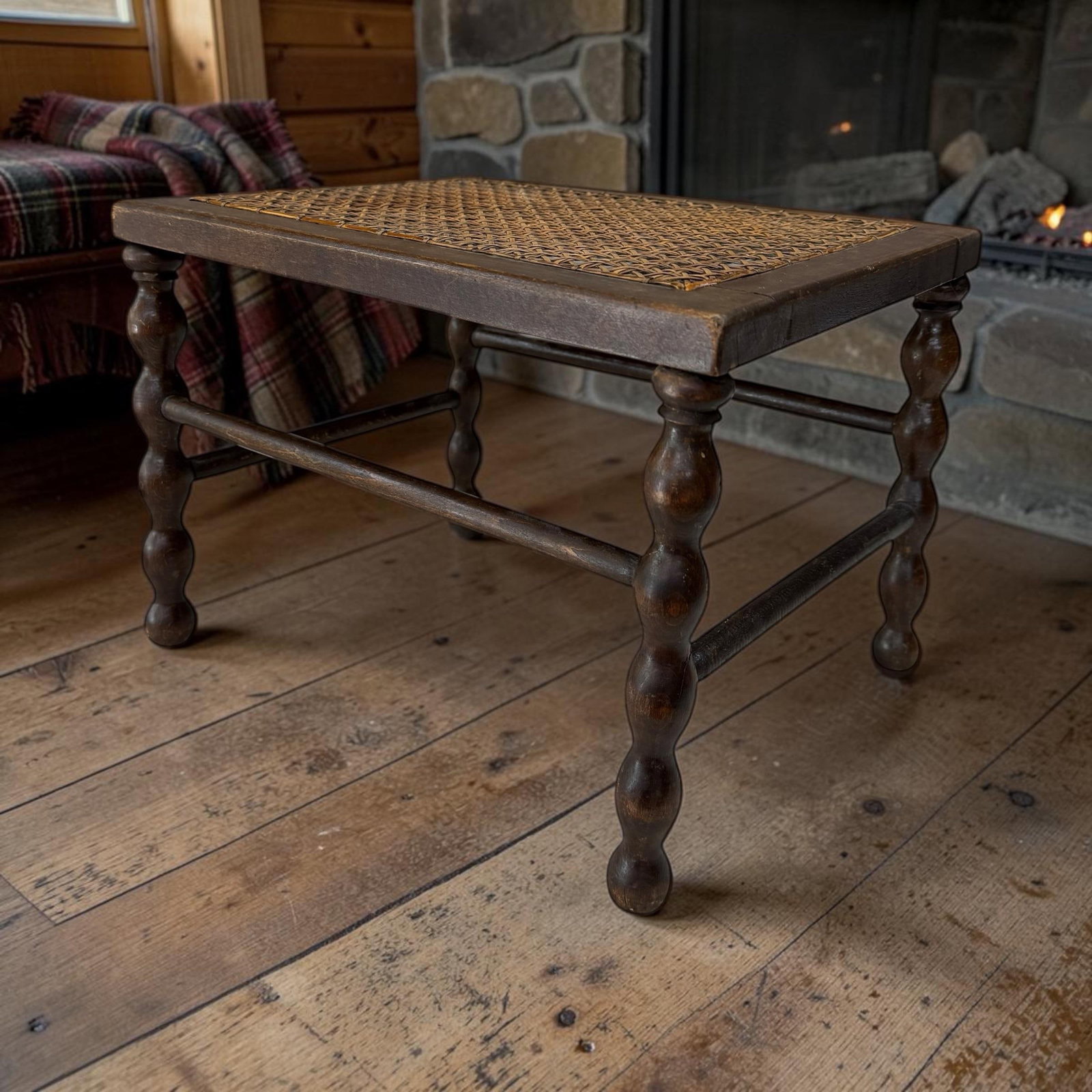 Antique Walnut and Cane Spool Bobbin Leg Footstool, Plant /Display Stand - 3