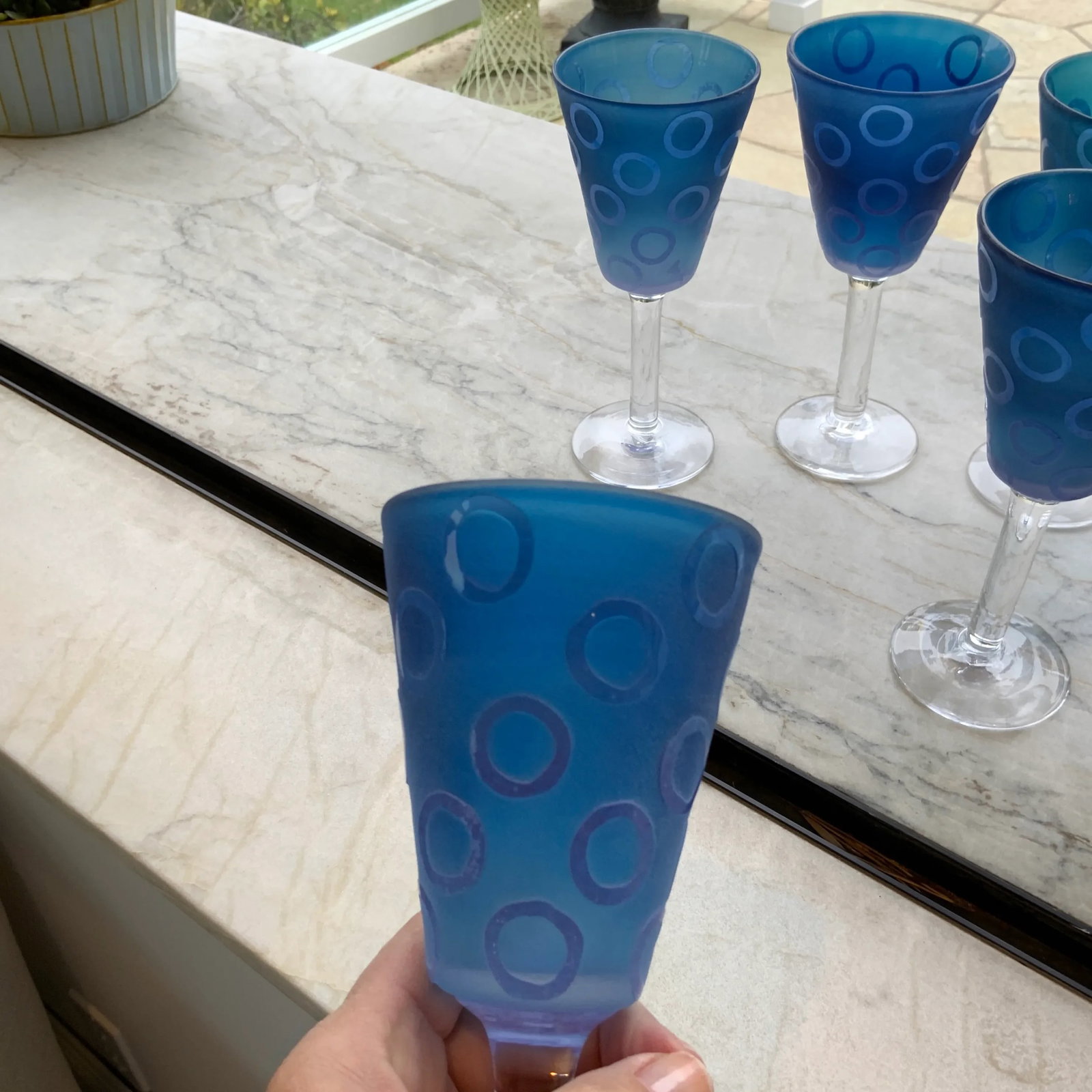 Vintage Murano Blue Raised Circle Wineglasses Attributed to Mario Badioli - Set of 9 - 2