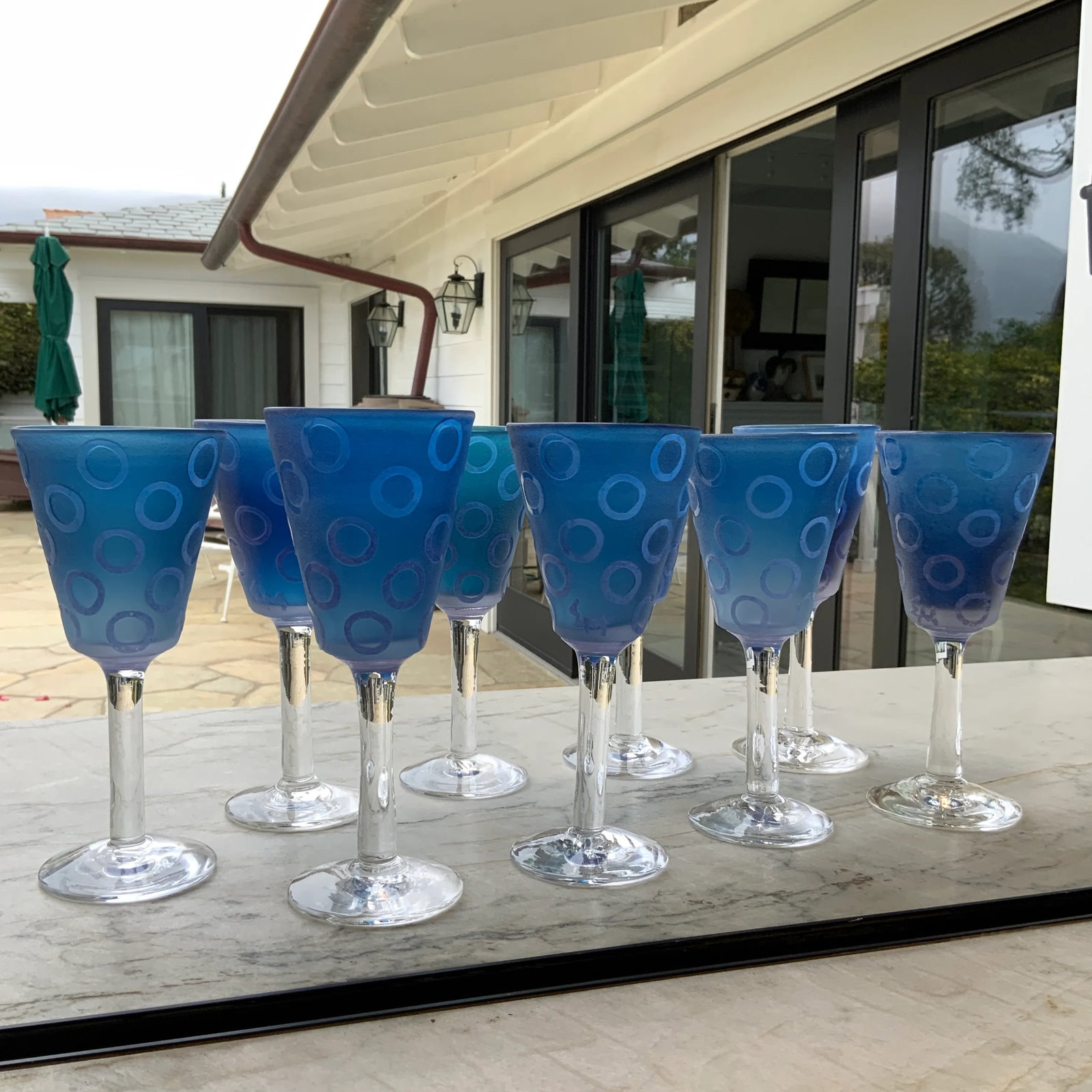 Vintage Murano Blue Raised Circle Wineglasses Attributed to Mario Badioli - Set of 9 - 3