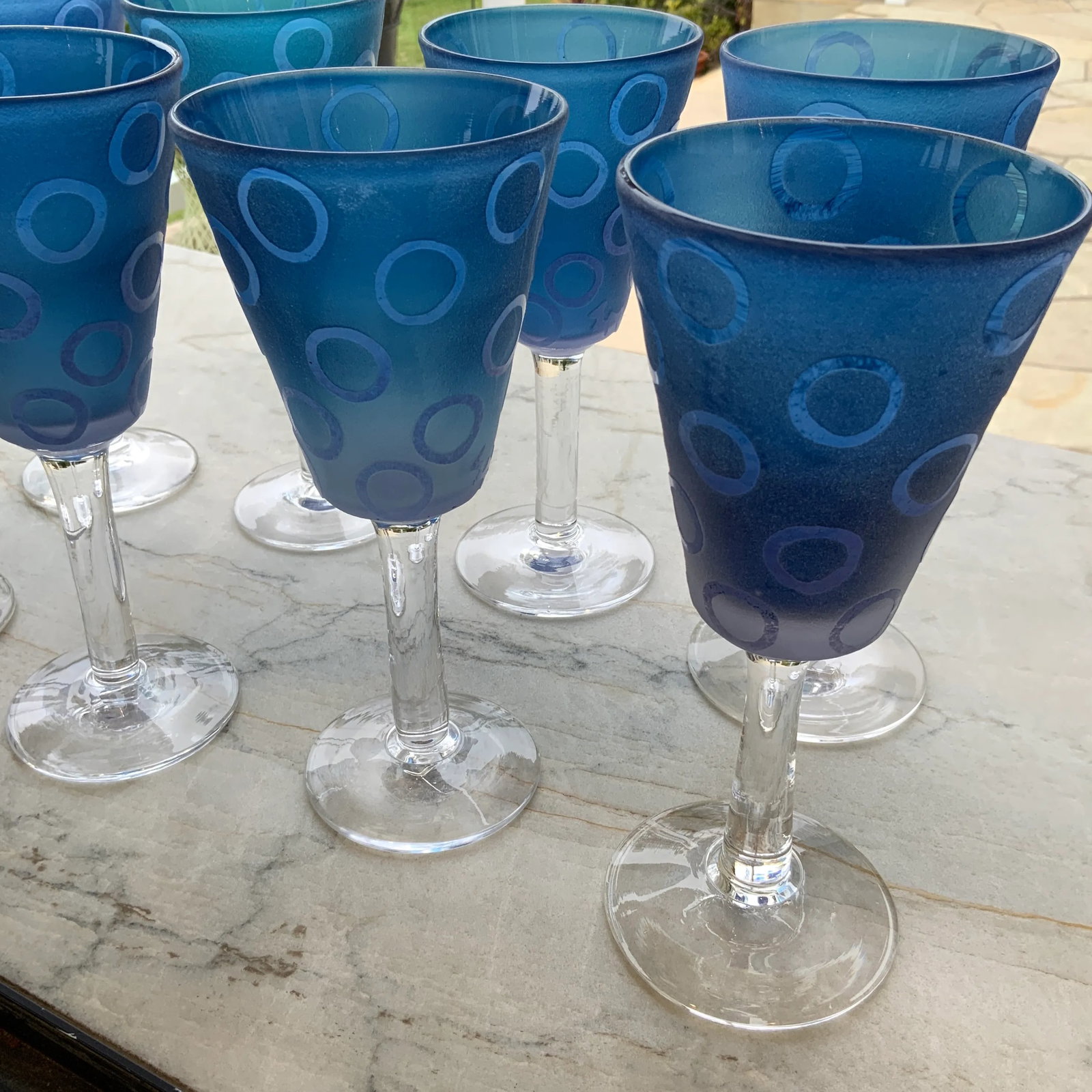 Vintage Murano Blue Raised Circle Wineglasses Attributed to Mario Badioli - Set of 9 - 6