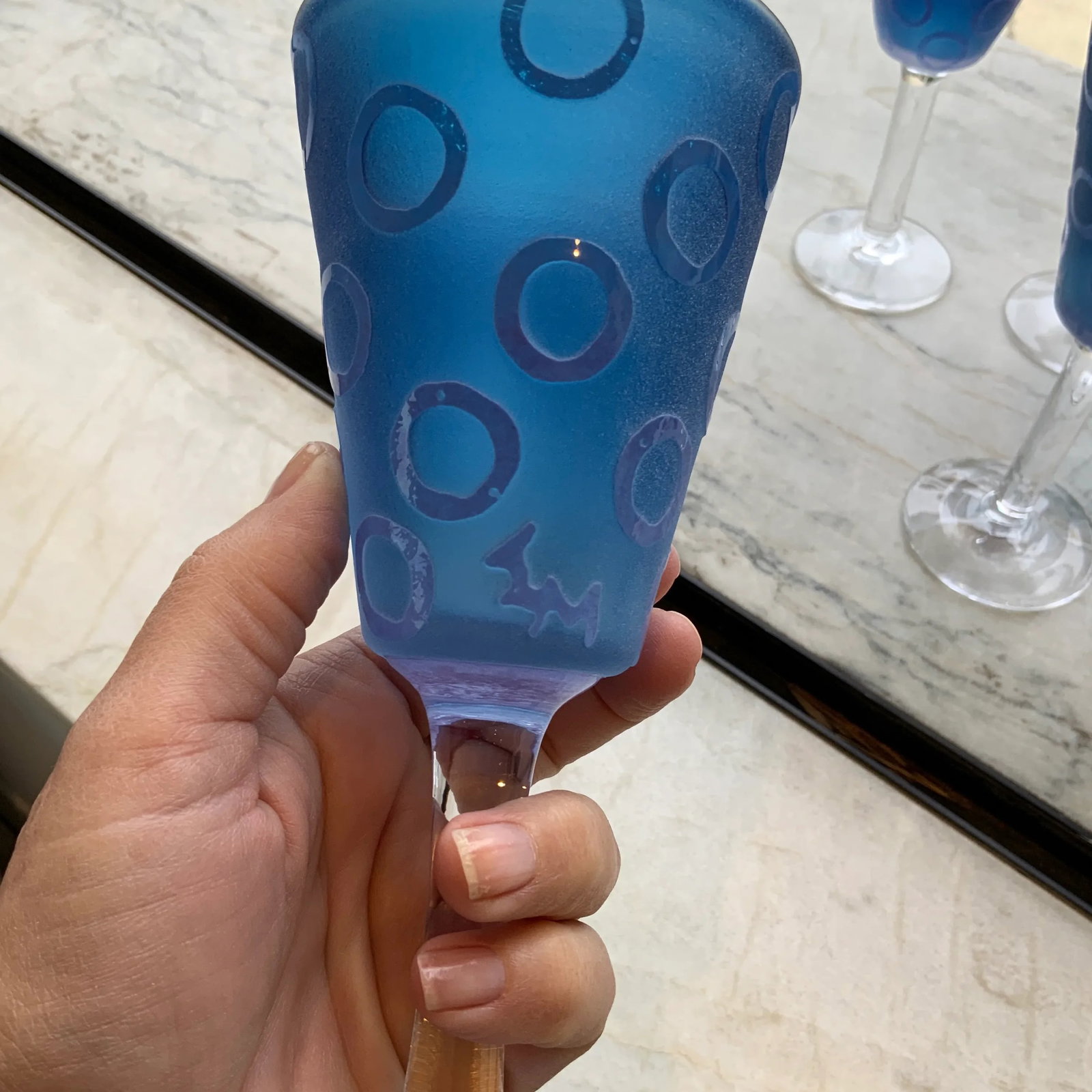 Vintage Murano Blue Raised Circle Wineglasses Attributed to Mario Badioli - Set of 9 - 9