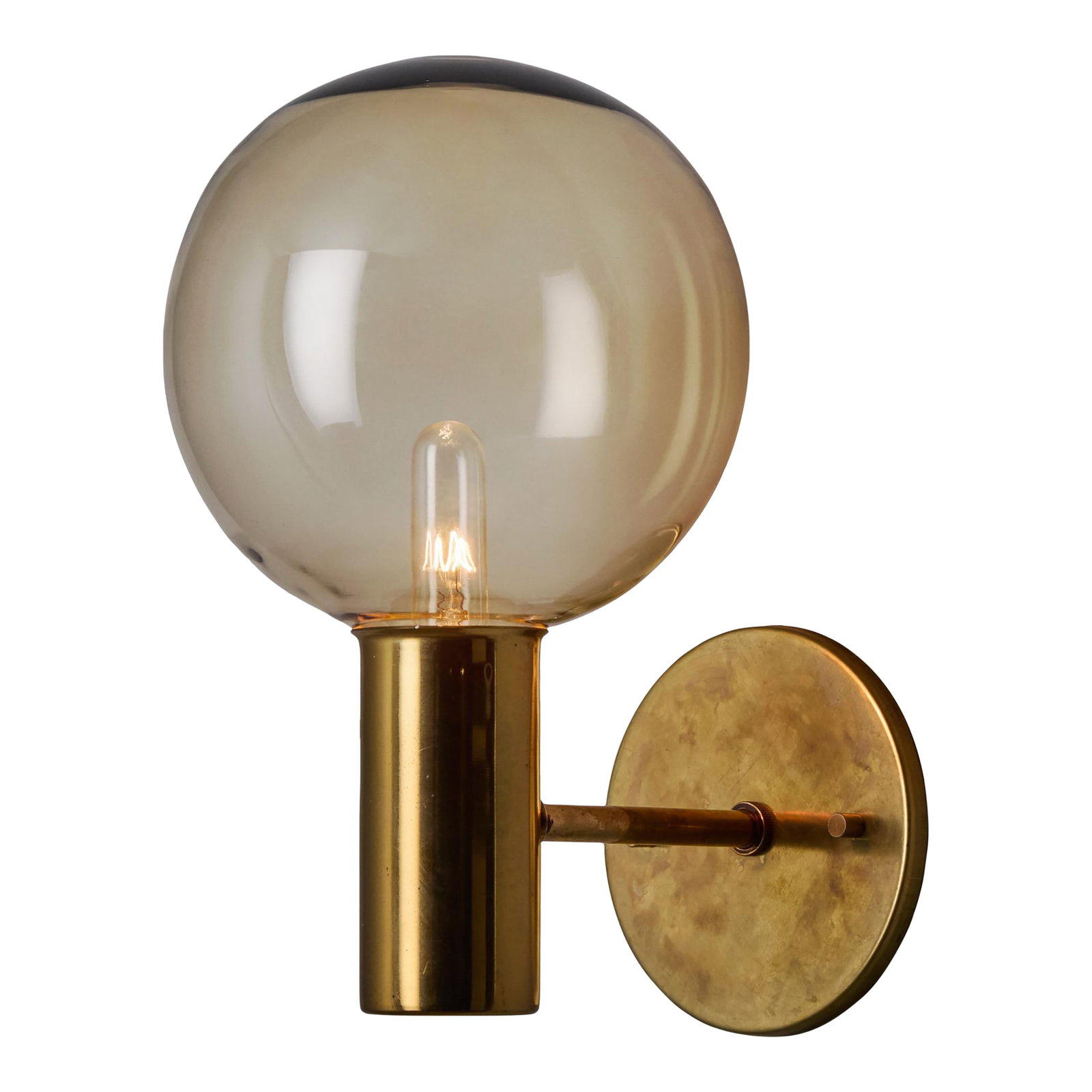 1960s Hans Agne Jakobsson #V149 Glass & Brass Wall Lamp for Markaryd: 1960s Hans Agne Jakobsson #V149 Glass and Brass Wall Lamp for Markaryd. An incredibly refined vintage design that is quintessentially Swedish. Executed in sculpturally bent brass and blown round