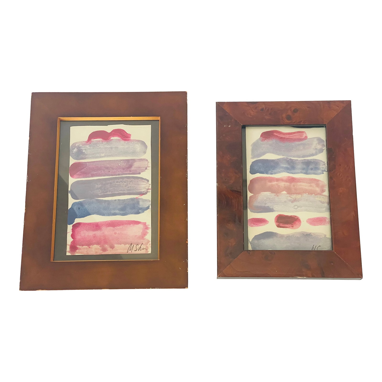1970s Abstract Original Art Small Paintings Framed - Set of 2: Two original art acrylic on paper abstract small paintings signed and framed. Condition: Alterations: Original Condition Unaltered Imperfections: Some Imperfections Condition Notes: Good Origin: