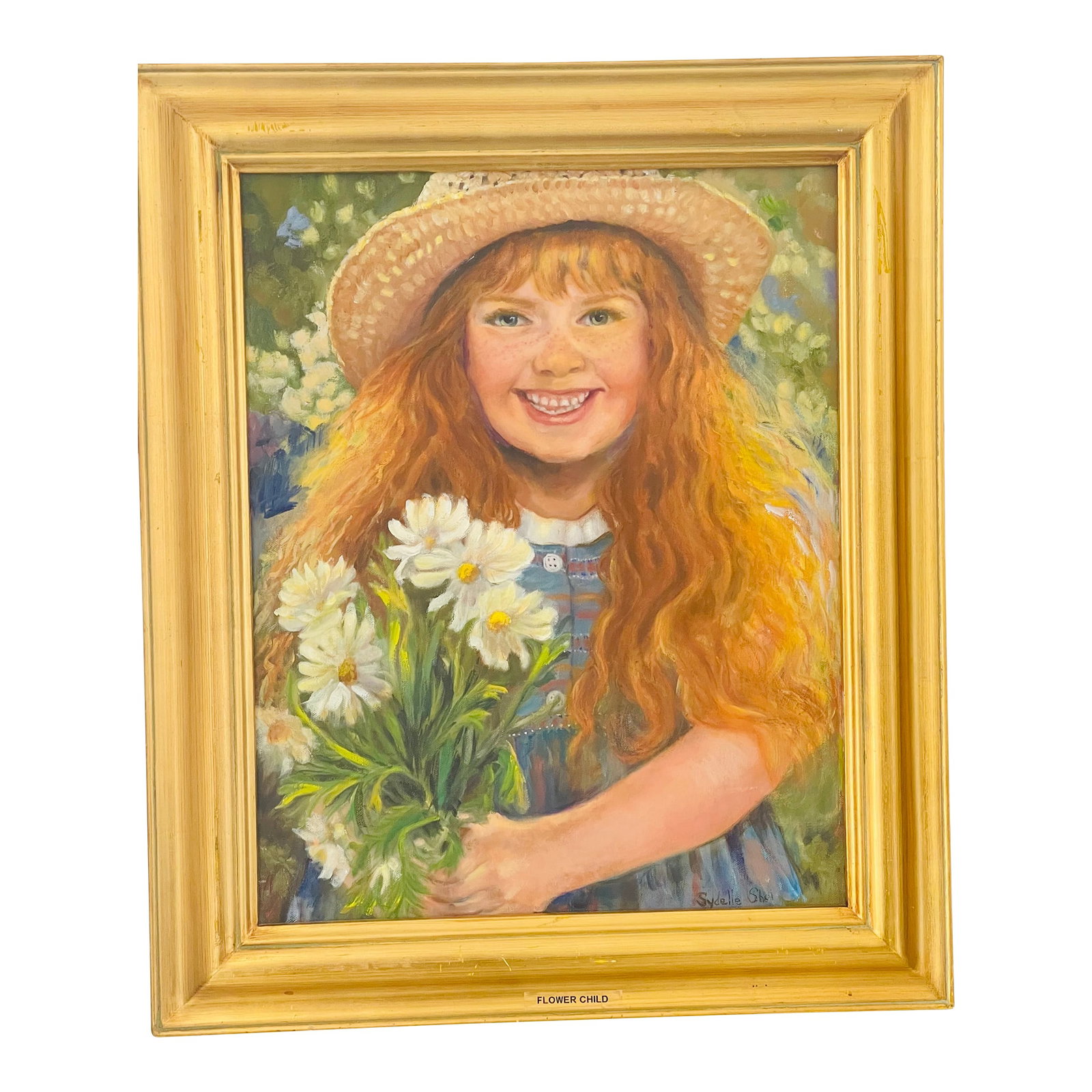 1970s Flower Girl Original Art on Canvas Painting Sydelle Sher: Original art painting oil on canvas Flower Girl signed by Sydelle Sher. Framed gold frame. Condition: Alterations: Original Condition Unaltered Imperfections: Some Imperfections Condition Notes: Good