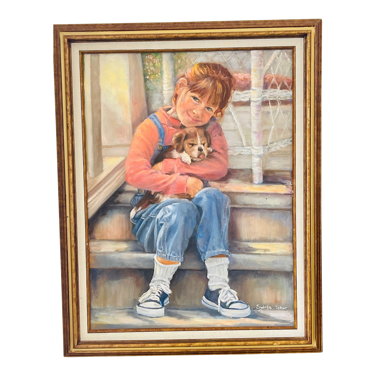 1970s Original Art Painting Puppy Love by Sydelle Sher: Sweet depiction of a girl with lovely puppy by Sydelle Sher. Condition: Alterations: Original Condition Unaltered Imperfections: Some Imperfections Condition Notes: Good Origin: United States