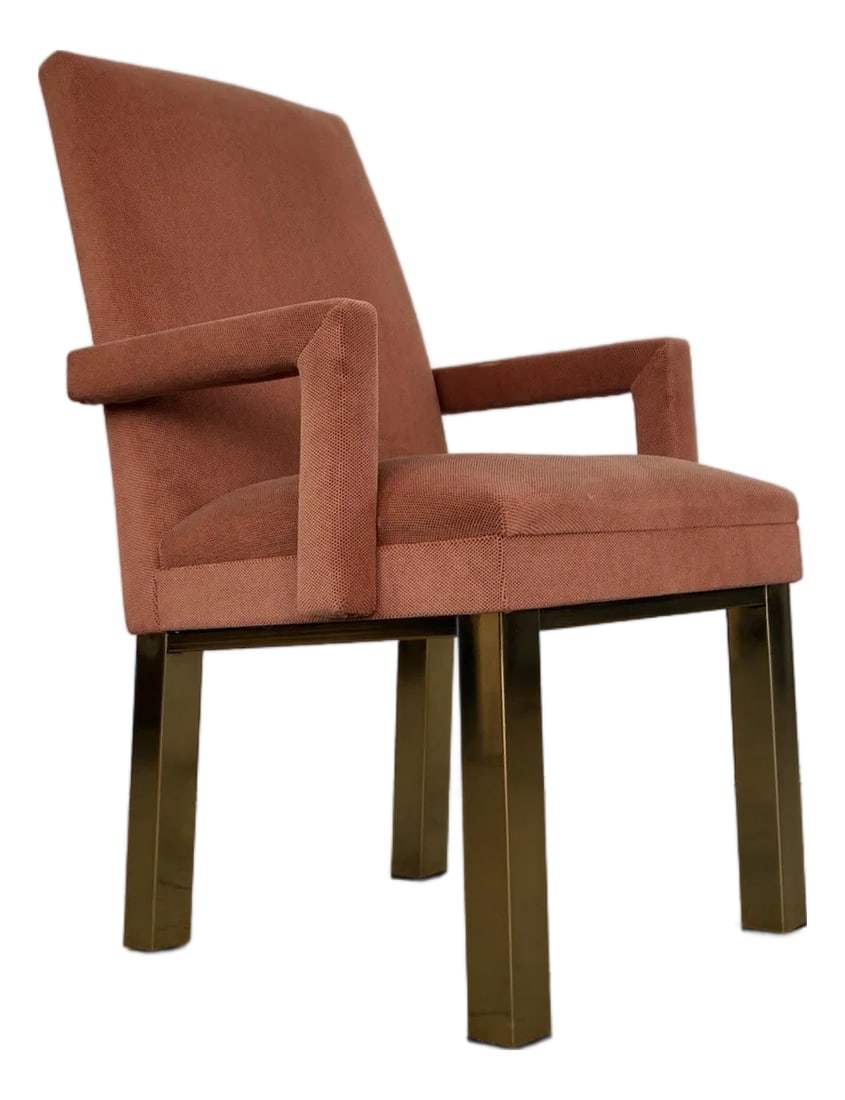 1980's Hollywood Regency Milo Baughman Style Brass Armchair: Vintage 1980's Hollywood Regency arm chair for sale. It has a cool Mid century design with a brass base and legs, and has a fully upholstered top with the arms fully upholstered. It's in the manner