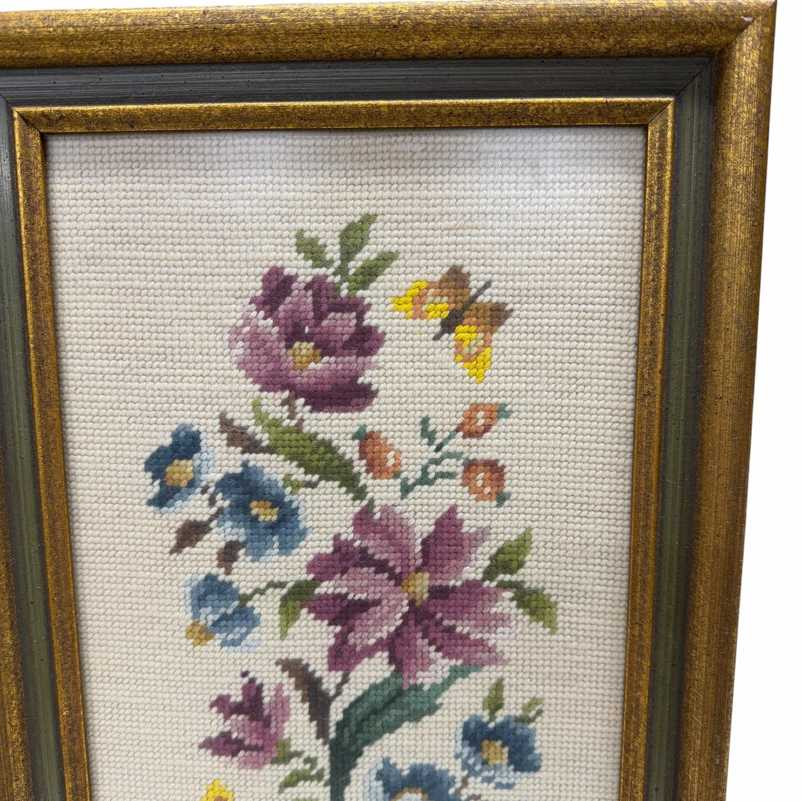 Vintage Floral and Butterfly Needlepoint Framed Art - 2