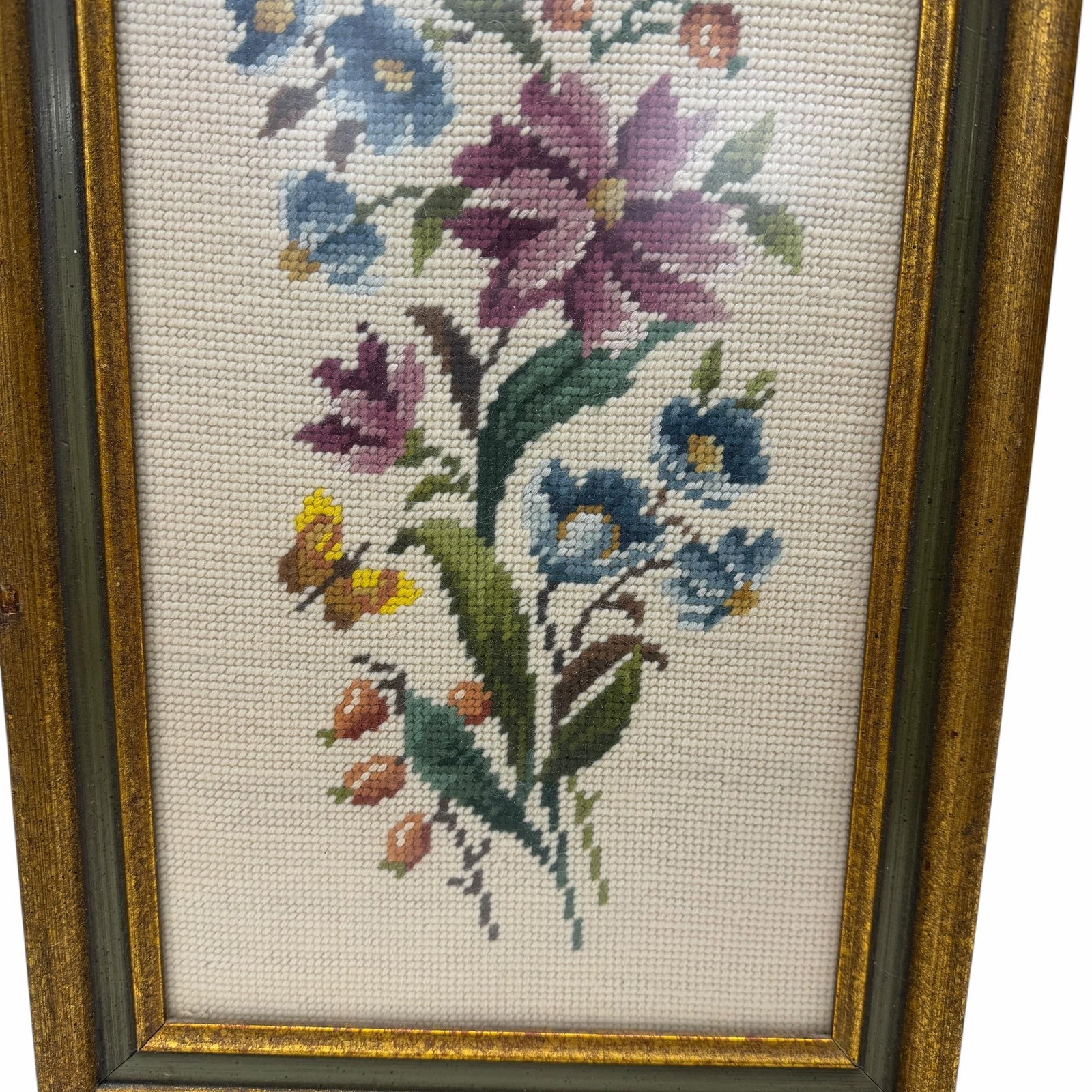 Vintage Floral and Butterfly Needlepoint Framed Art - 3