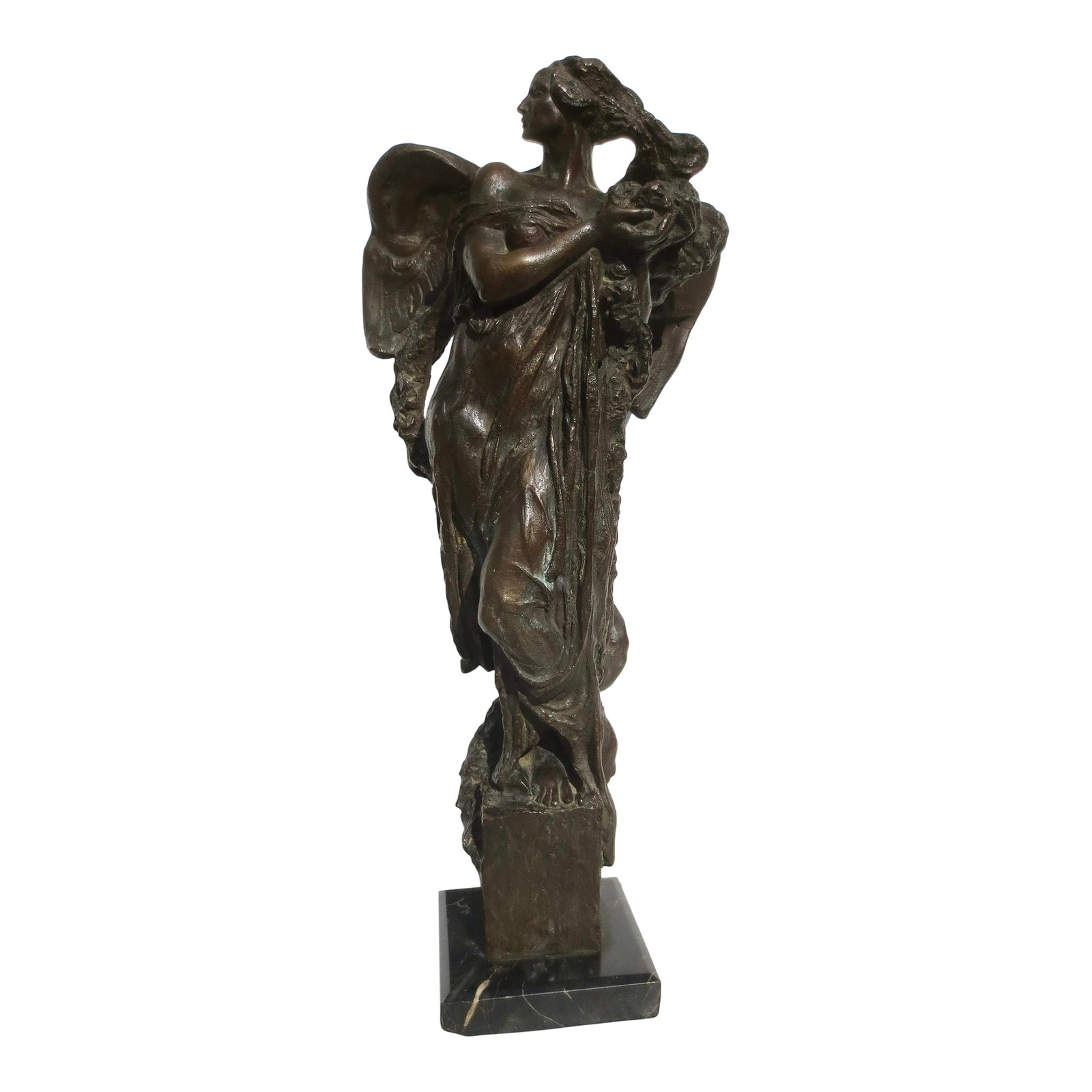 Italian Bronze Allegorical Figure by A. Stagliano Circa 1920: Italian Bronze of an allegorical angel holding long garlands of celebratory flowers. Striking an aloof pose and holding up the bouquet as the garland sweeps around her body and trails down her figure