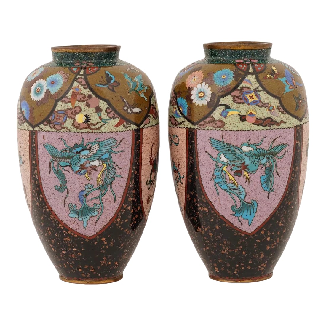 Pair of Japanese Cloisonne Enamel Pink & Purple Vases Phoenix Dragon Goldstone: A striking pair of Japanese cloisonné enamel vases featuring bold reserves of phoenix and dragon motifs set against a richly textured ground. The bodies are decorated in contrasting panels of