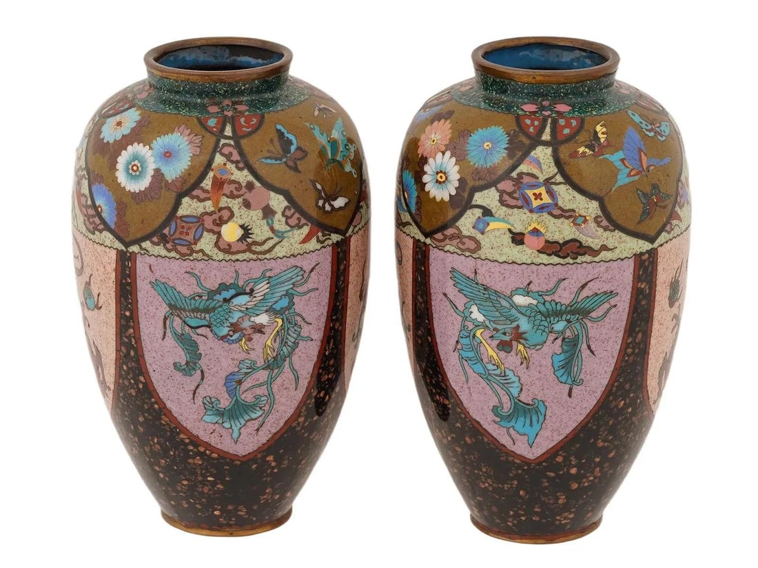 Pair of Japanese Cloisonne Enamel Pink & Purple Vases Phoenix Dragon Goldstone - 2