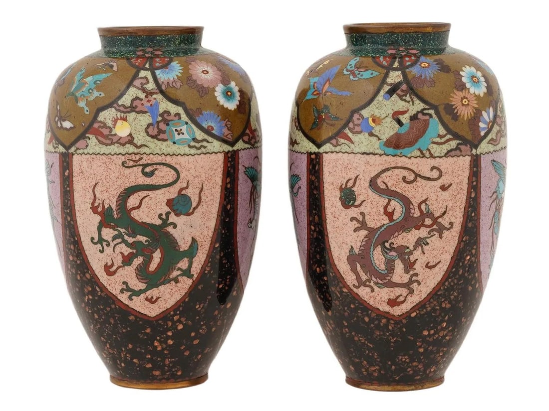 Pair of Japanese Cloisonne Enamel Pink & Purple Vases Phoenix Dragon Goldstone - 3