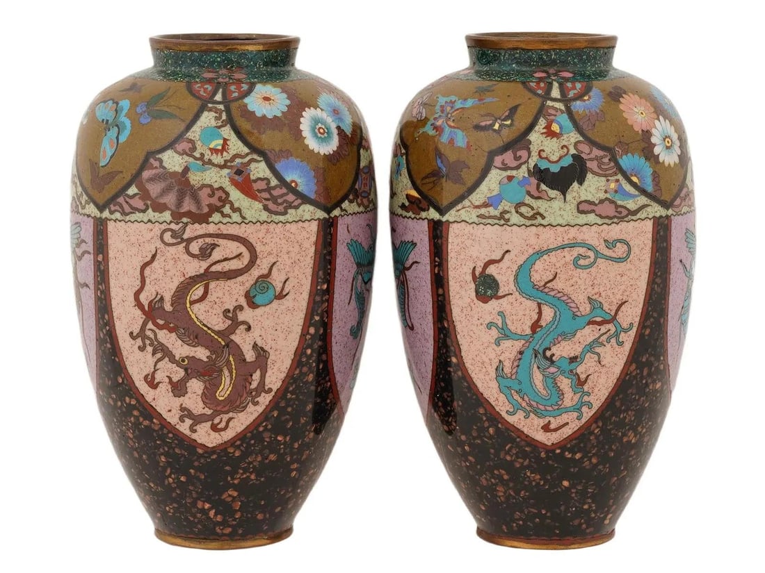 Pair of Japanese Cloisonne Enamel Pink & Purple Vases Phoenix Dragon Goldstone - 4