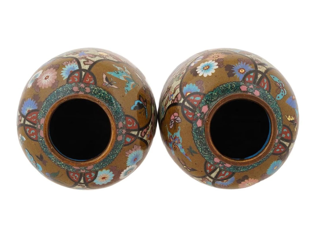 Pair of Japanese Cloisonne Enamel Pink & Purple Vases Phoenix Dragon Goldstone - 5