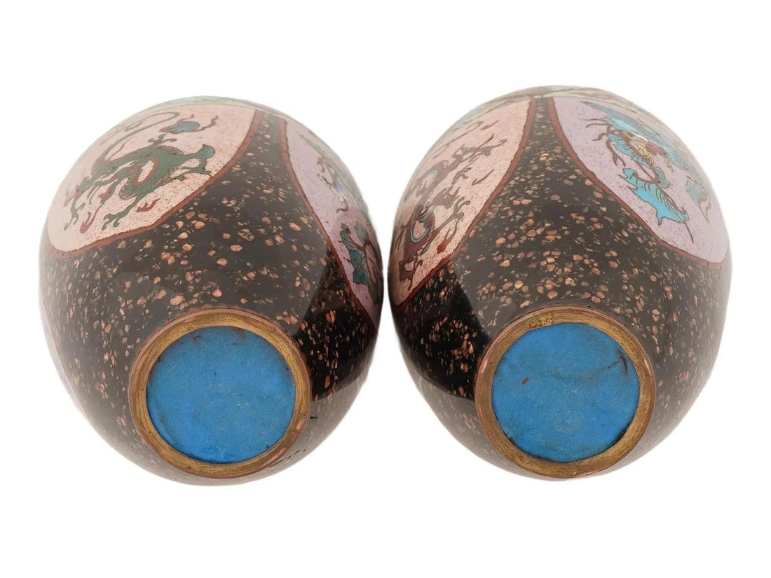 Pair of Japanese Cloisonne Enamel Pink & Purple Vases Phoenix Dragon Goldstone - 6