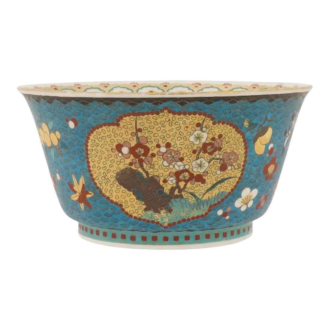 Japanese Cloisonne Enamel Porcelain Bowl Meiji Period Floral Panels: A finely executed Japanese cloisonné enamel bowl dating to the late Meiji period, produced for export and bearing the underglaze mark Dai Nippon Yushutsu ("Great Japan Export"). The form is