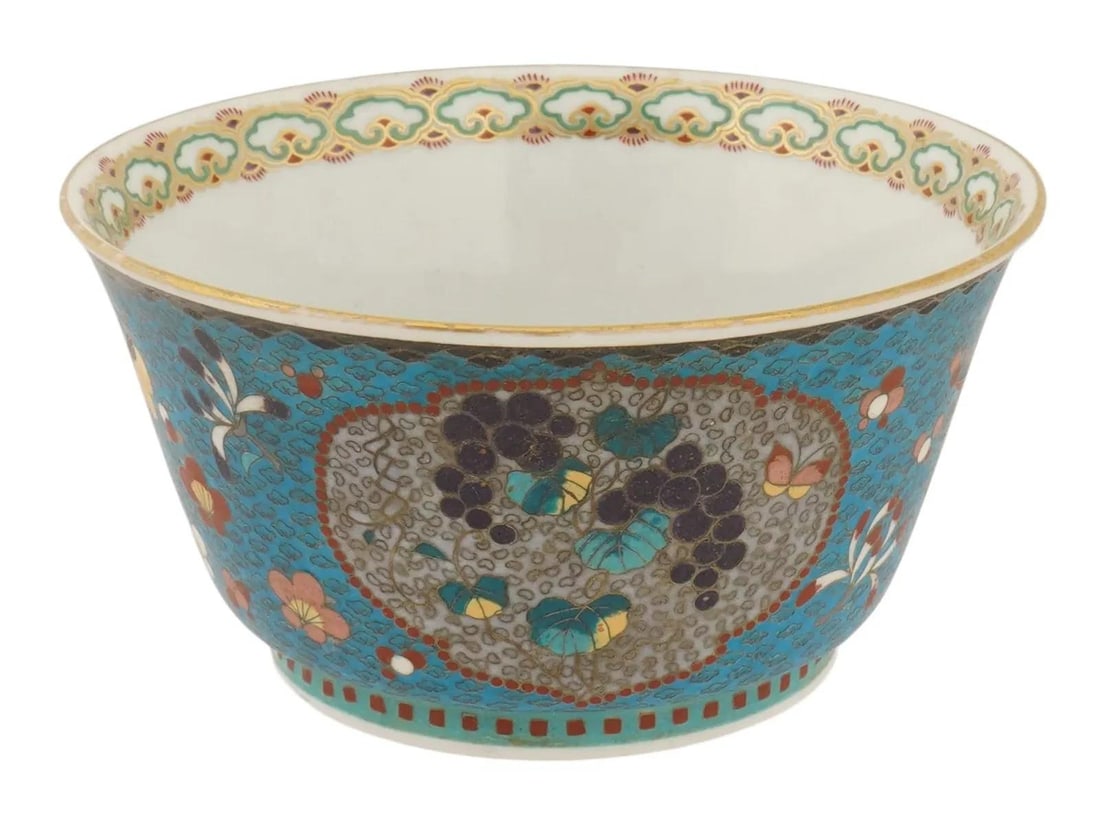 Japanese Cloisonne Enamel Porcelain Bowl Meiji Period Floral Panels - 4