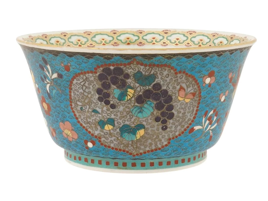 Japanese Cloisonne Enamel Porcelain Bowl Meiji Period Floral Panels - 5