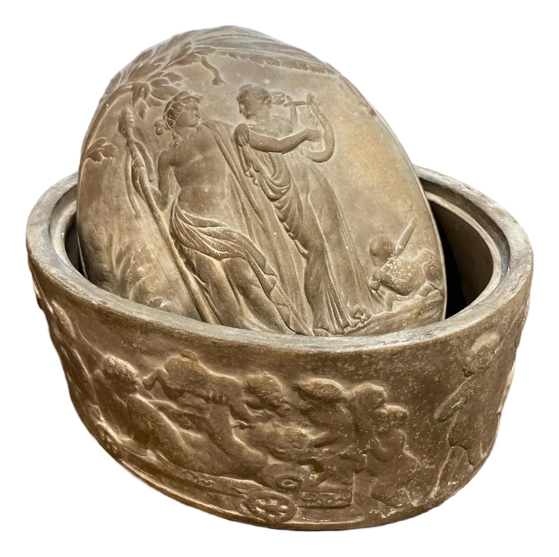 Late 19th Century Manifattura Di Signa Terracotta Box- Classical motif- ITALY: Late 19th century Grand Tour souvenir: Manifattura Di Signa terracotta lidded box depicting a classical motif of Dionysus and Erato on lid and dancing Putti on the bottom. Marked on bottom. Gorgeous