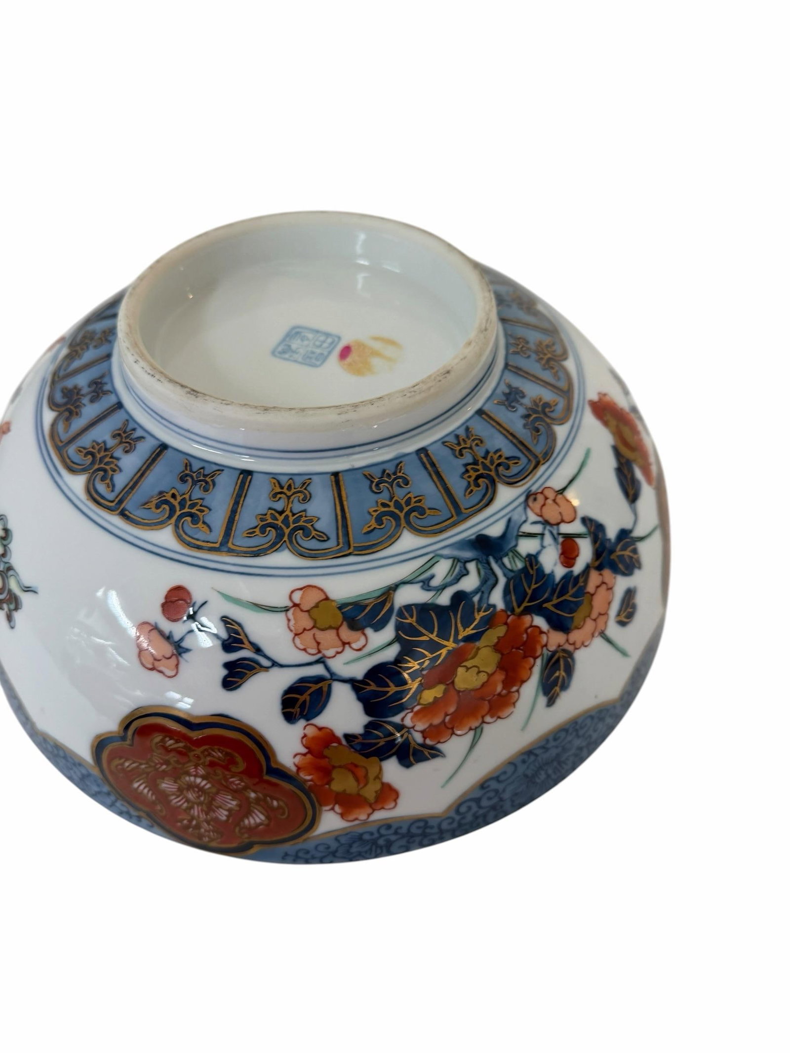 Vintage Chinoiserie Hand Painted Imari Style Decorative Bowl Marked With Arita Banreki Japanese Blue - 5