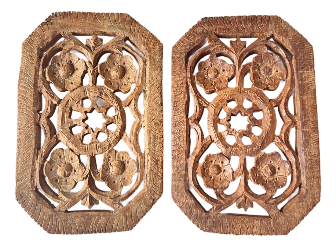 Vintage Anglo Indian Hand Carved Wood Trivets - A Pair: Offering this pair vintage of Anglo Indian design trivets. Could also be used as wall decor alone or as filler on mirror or plate walls. Each measures Condition: Alterations: Original Condition