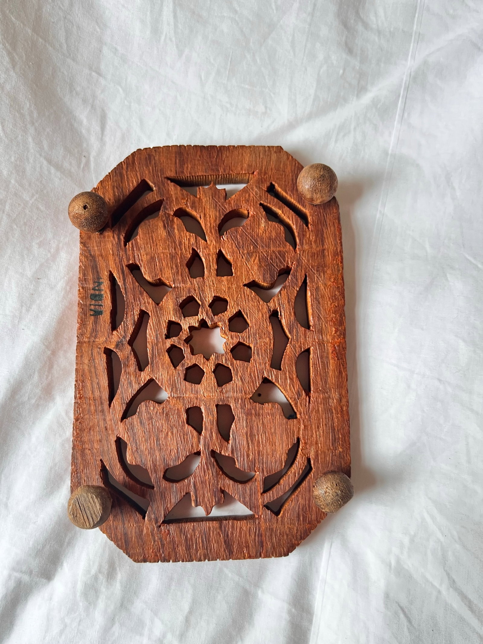 Vintage Anglo Indian Hand Carved Wood Trivets - A Pair - 3