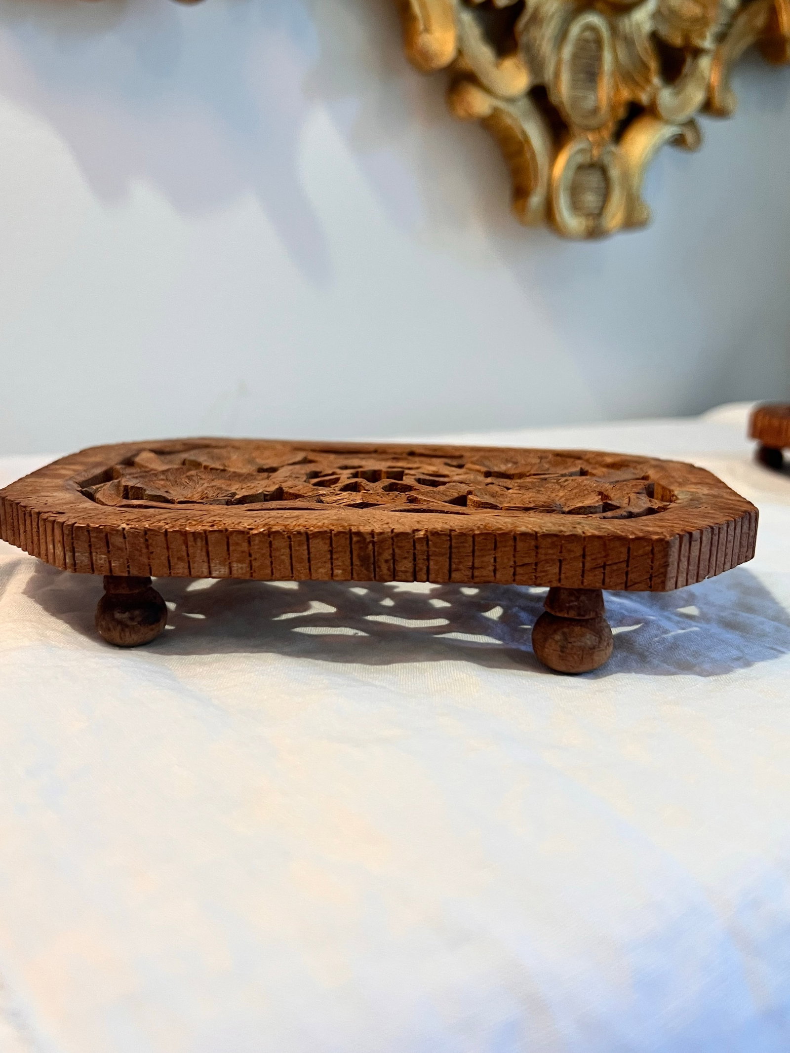 Vintage Anglo Indian Hand Carved Wood Trivets - A Pair - 4