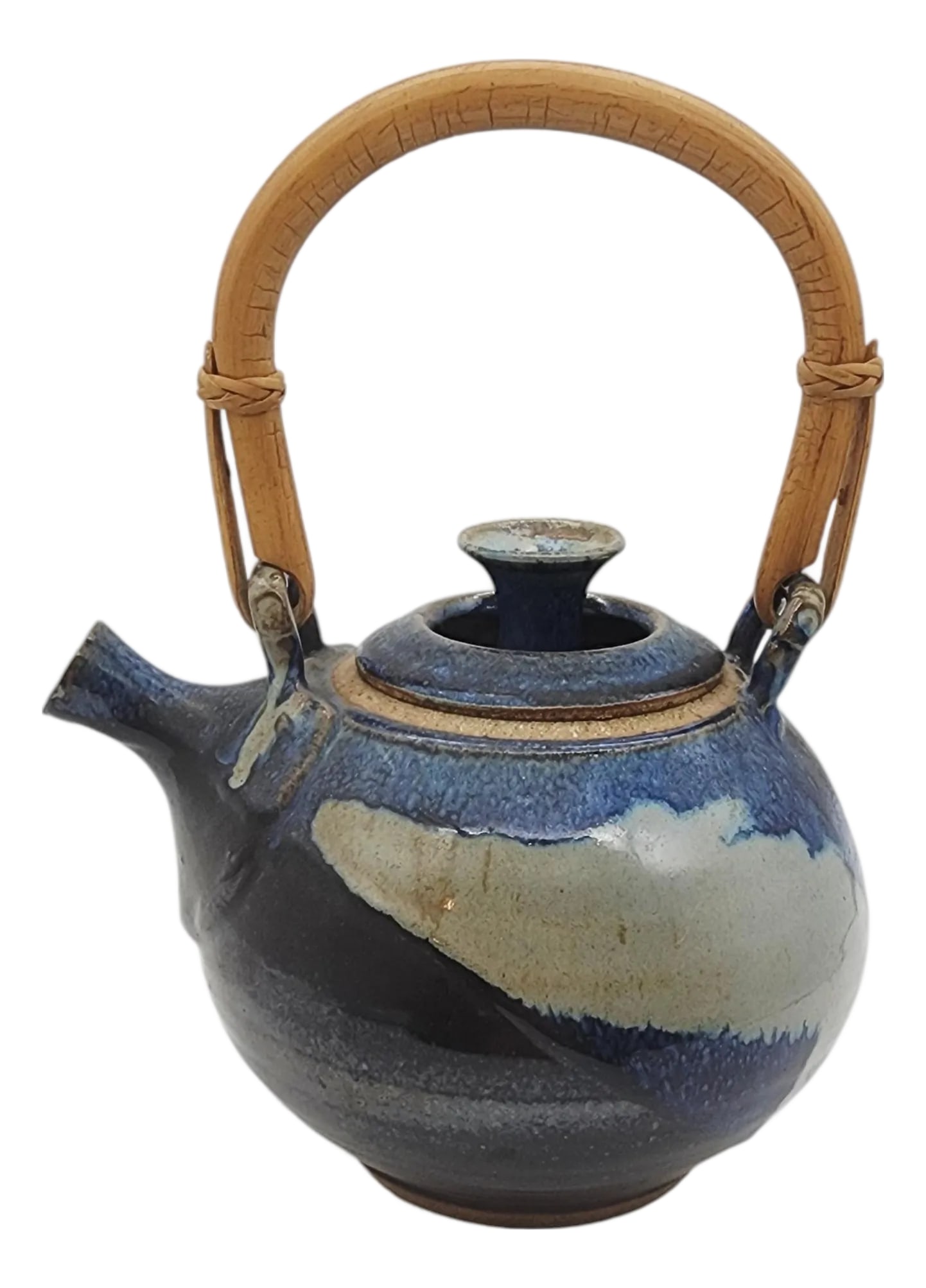 Mid 20th Century Studio Pottery Teapot with Bentwood Handle and Cobalt Drip Glaze: A sculptural studio pottery teapot featuring a rounded body, expressive cobalt and cream drip glaze, and a woven bentwood swing handle that adds warmth and contrast to the form. The piece balances fun
