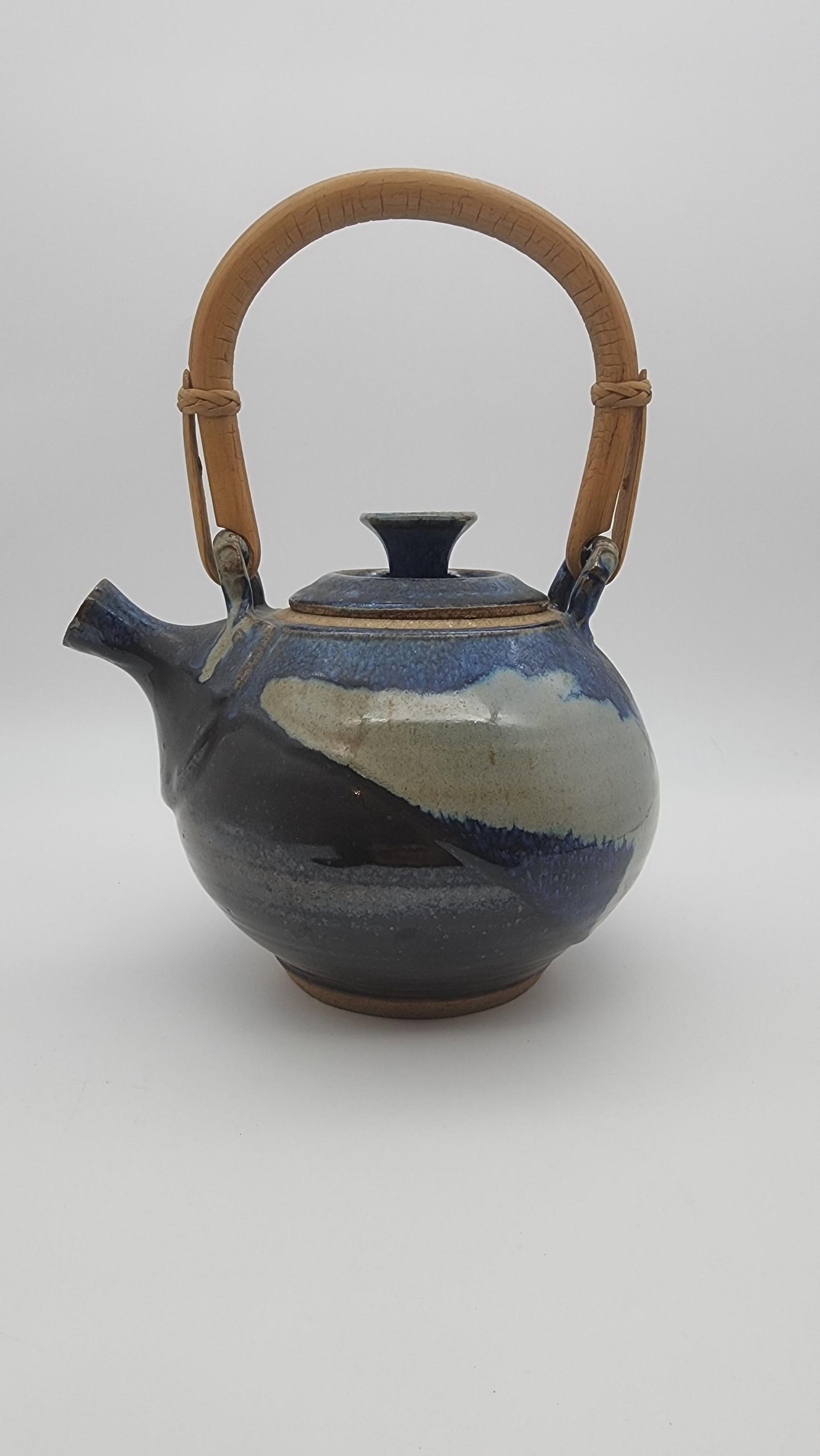 Mid 20th Century Studio Pottery Teapot with Bentwood Handle and Cobalt Drip Glaze - 2
