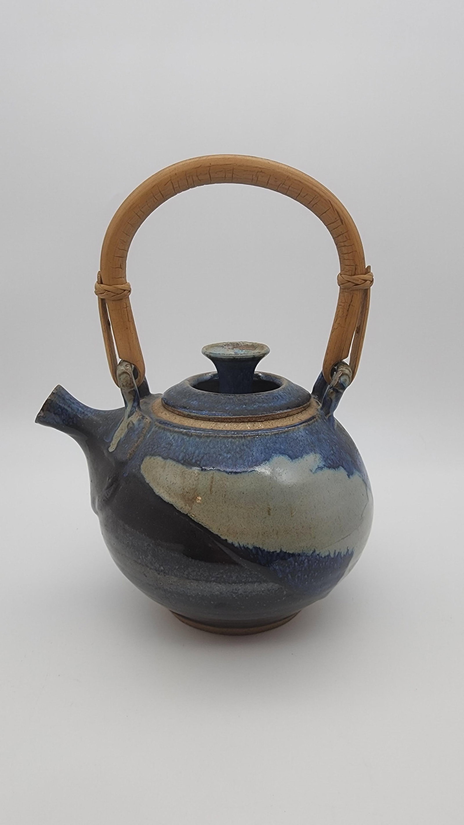 Mid 20th Century Studio Pottery Teapot with Bentwood Handle and Cobalt Drip Glaze - 3